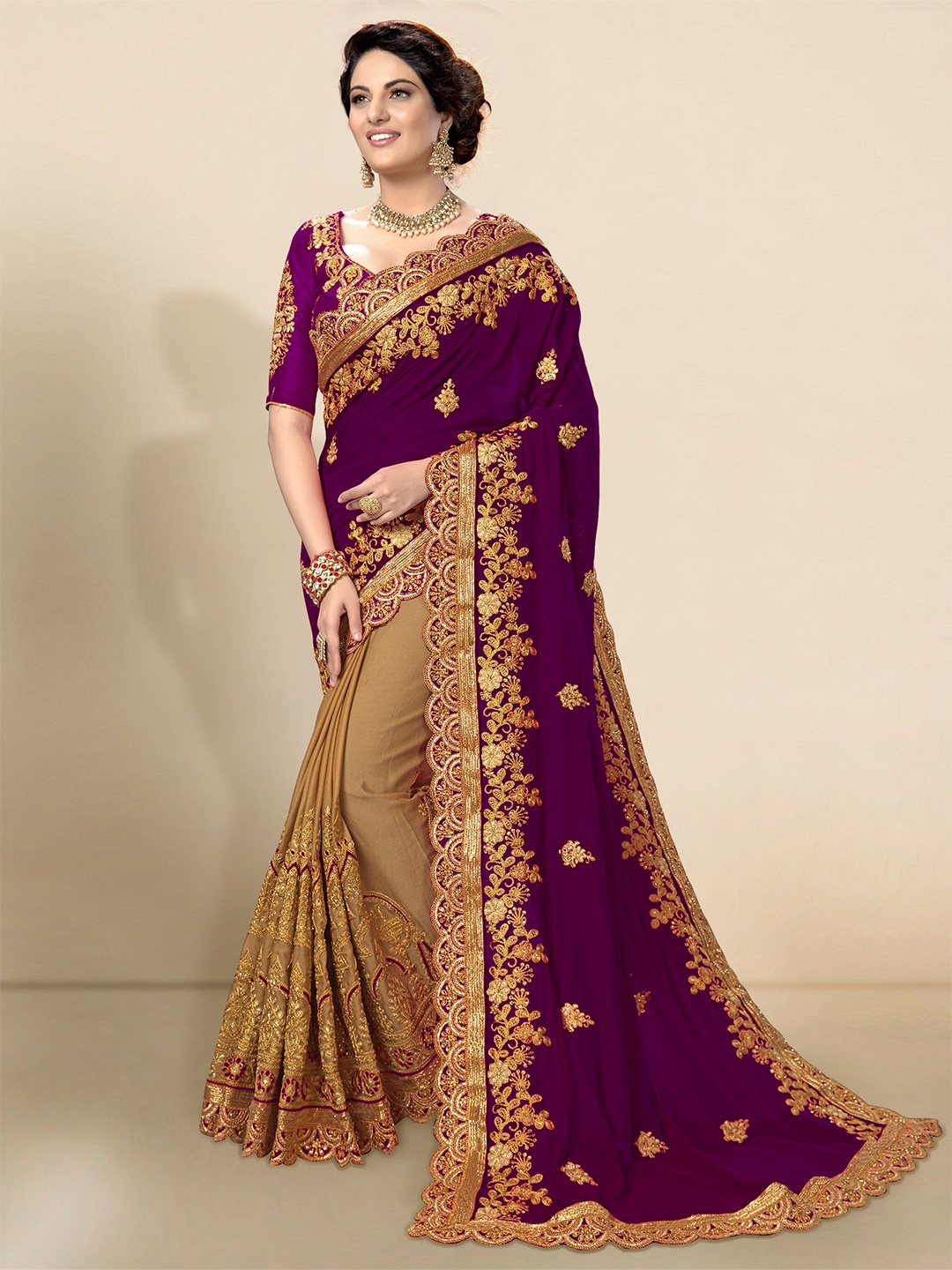 

Trendmalls Purple & Gold-Toned Floral Embroidered Pure Silk Saree