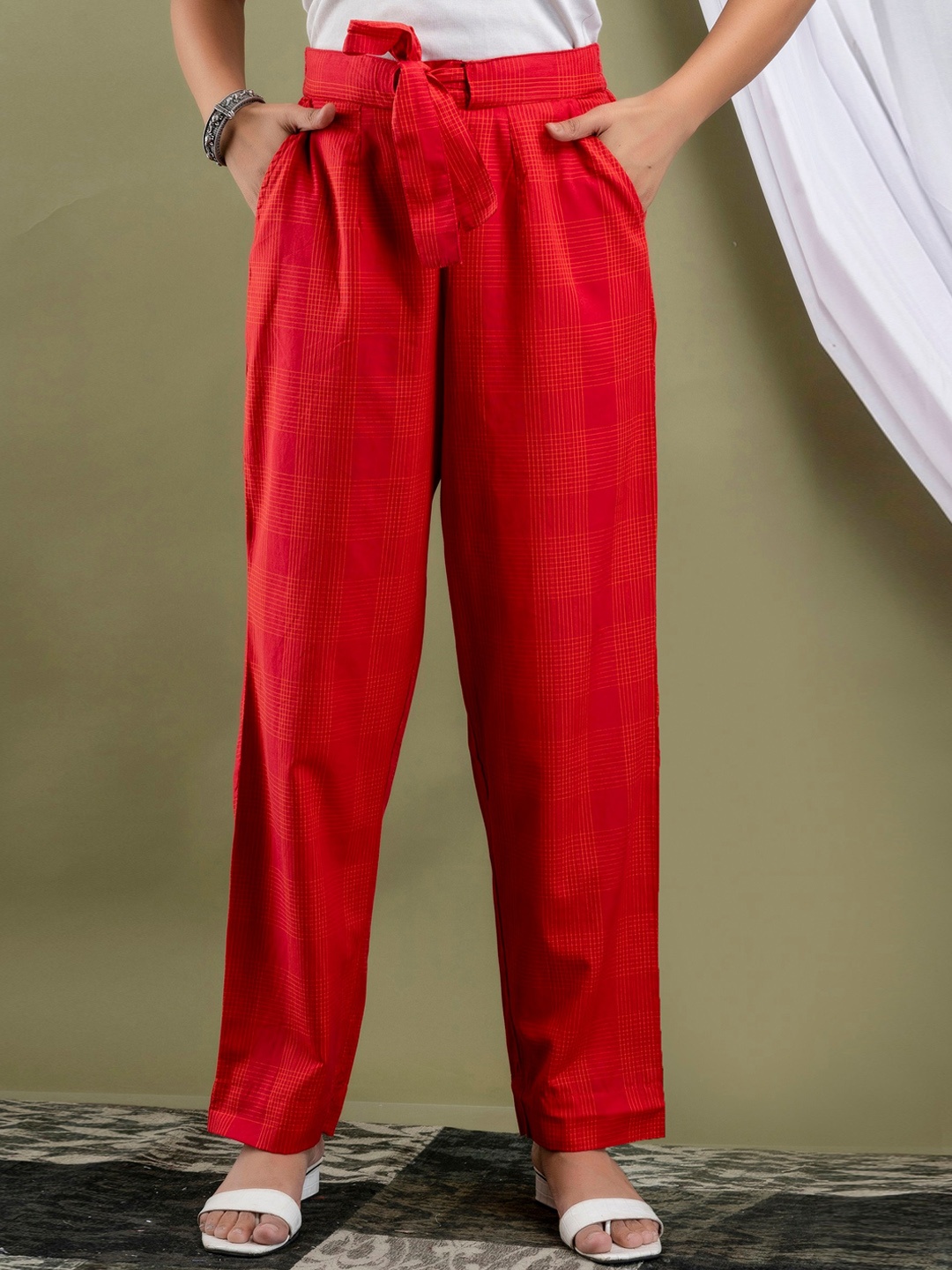 

fabGLOBAL Women Checked Pleated Cotton Trousers, Red