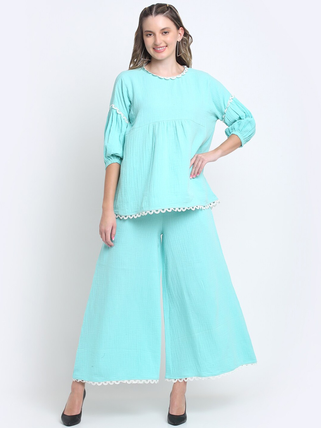 

SiaVira Women Pure Cotton Casual Wear Co-Ords, Turquoise blue