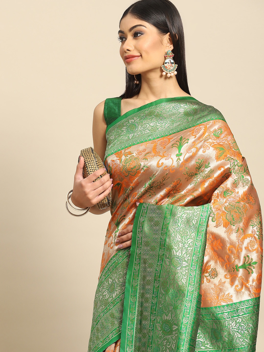 

all about you Orange & Green Floral Zari Silk Blend Kanjeevaram Saree