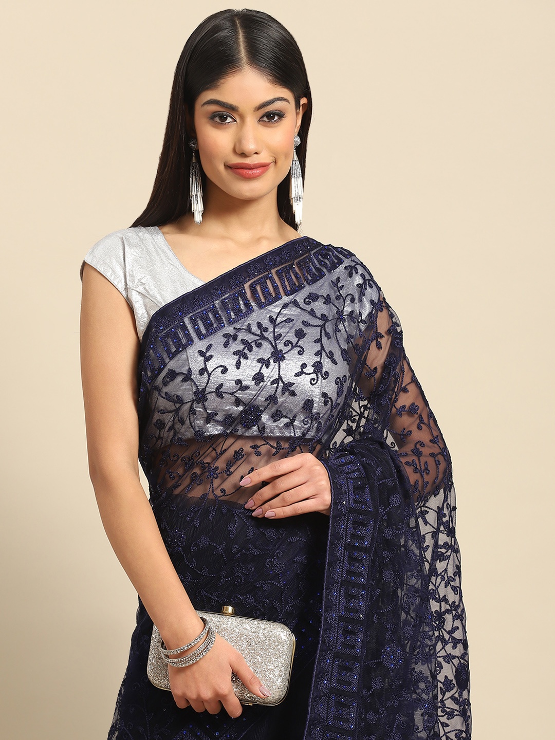 

all about you Navy Blue Floral Embroidered Net Saree
