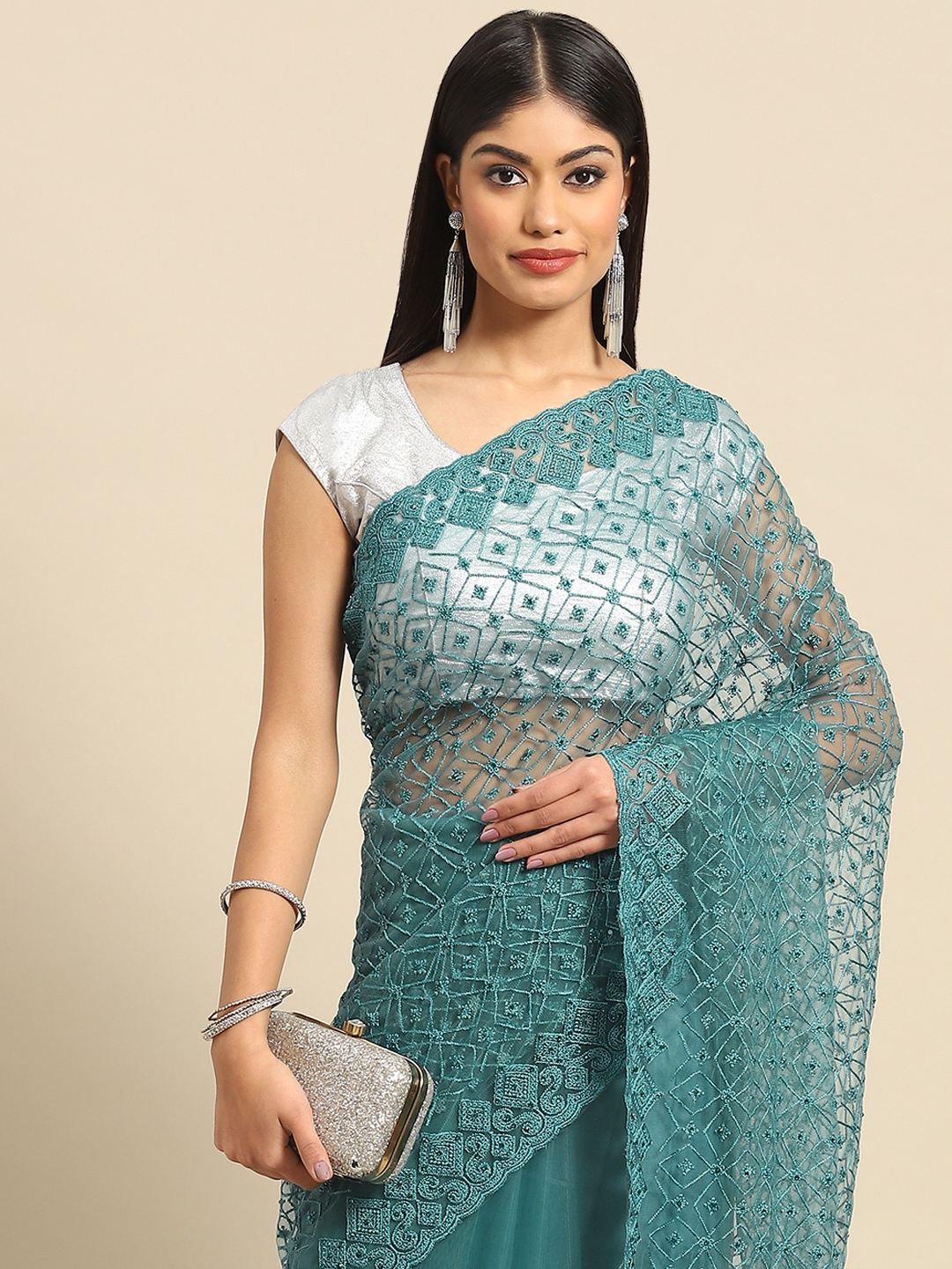 

all about you Turquoise Blue Floral Embroidered Net Saree