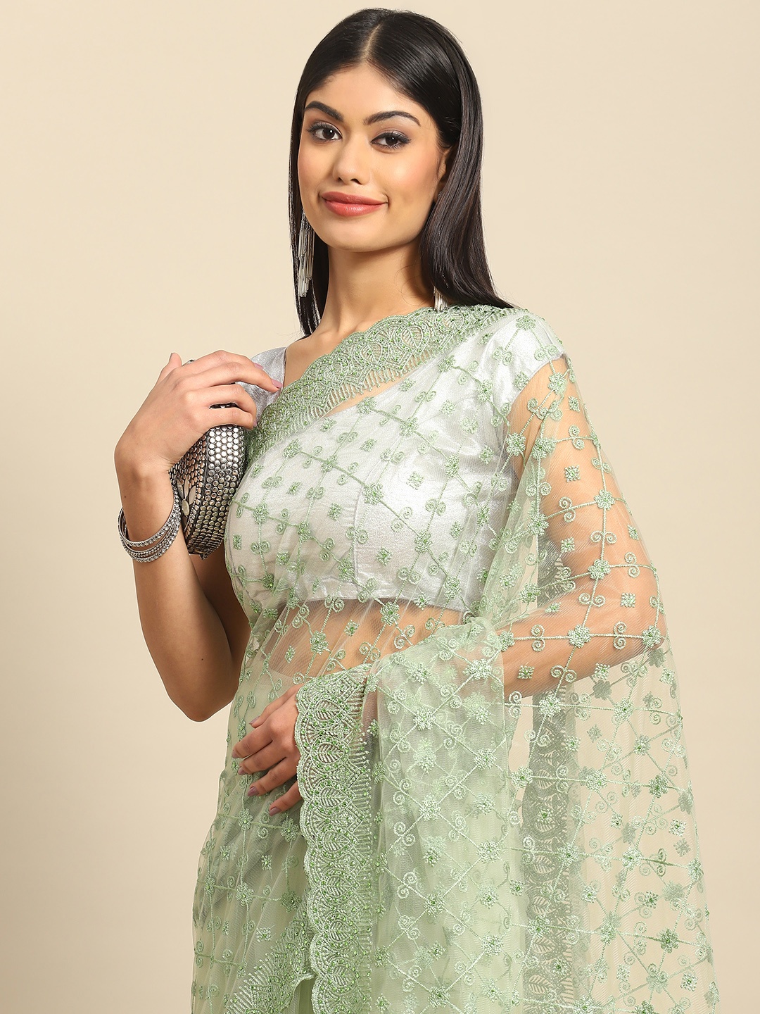 

all about you Sea Green Floral Embroidered Net Saree