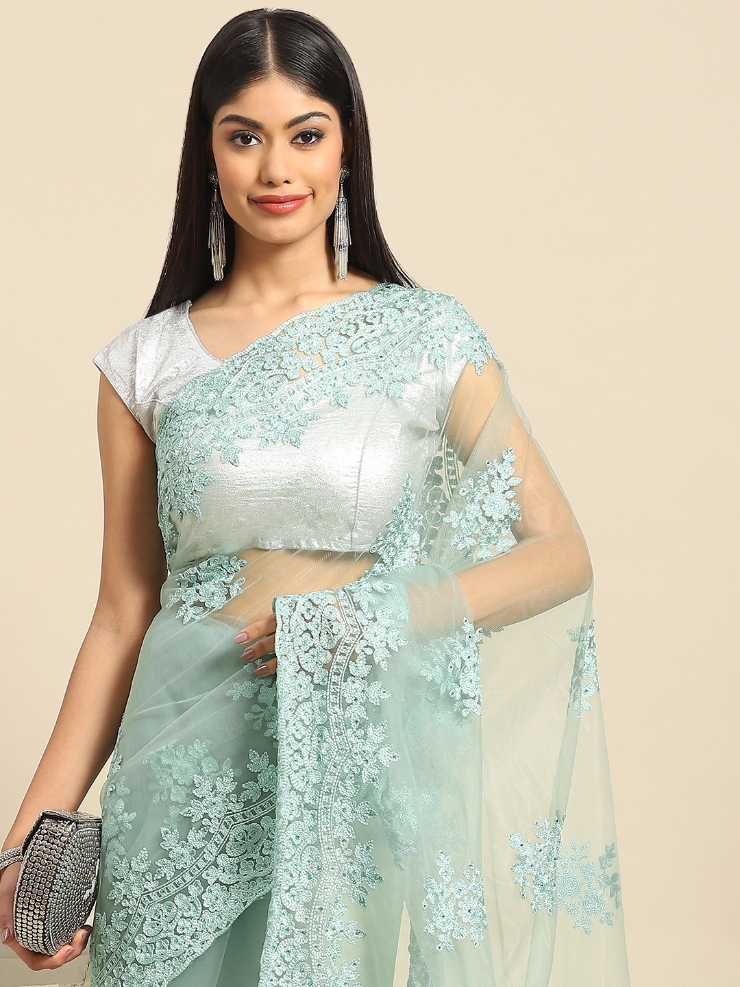 

all about you Turquoise Blue Floral Embroidered Net Saree