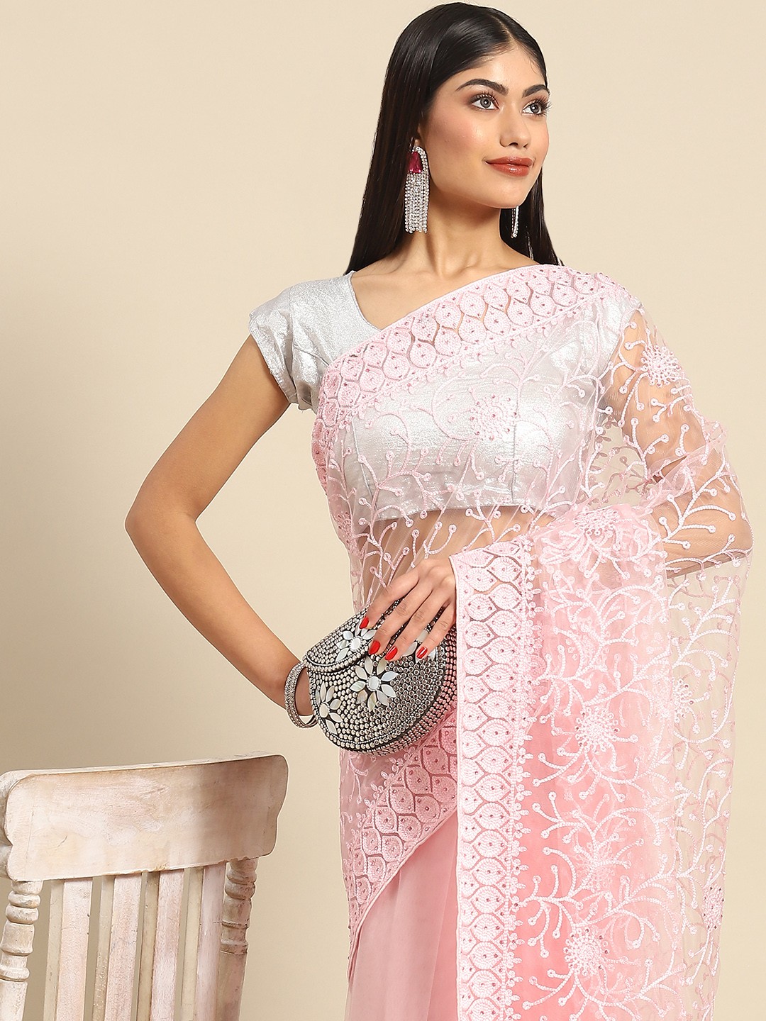 

all about you Floral Embroidered Net Saree, Pink