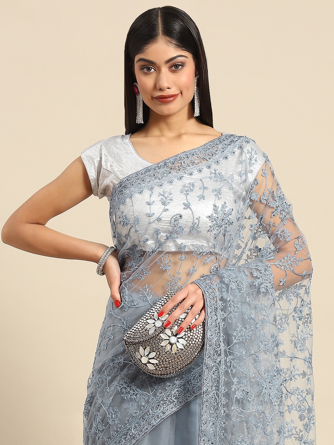 

all about you Ethnic Motifs Embroidered Net Saree, Grey