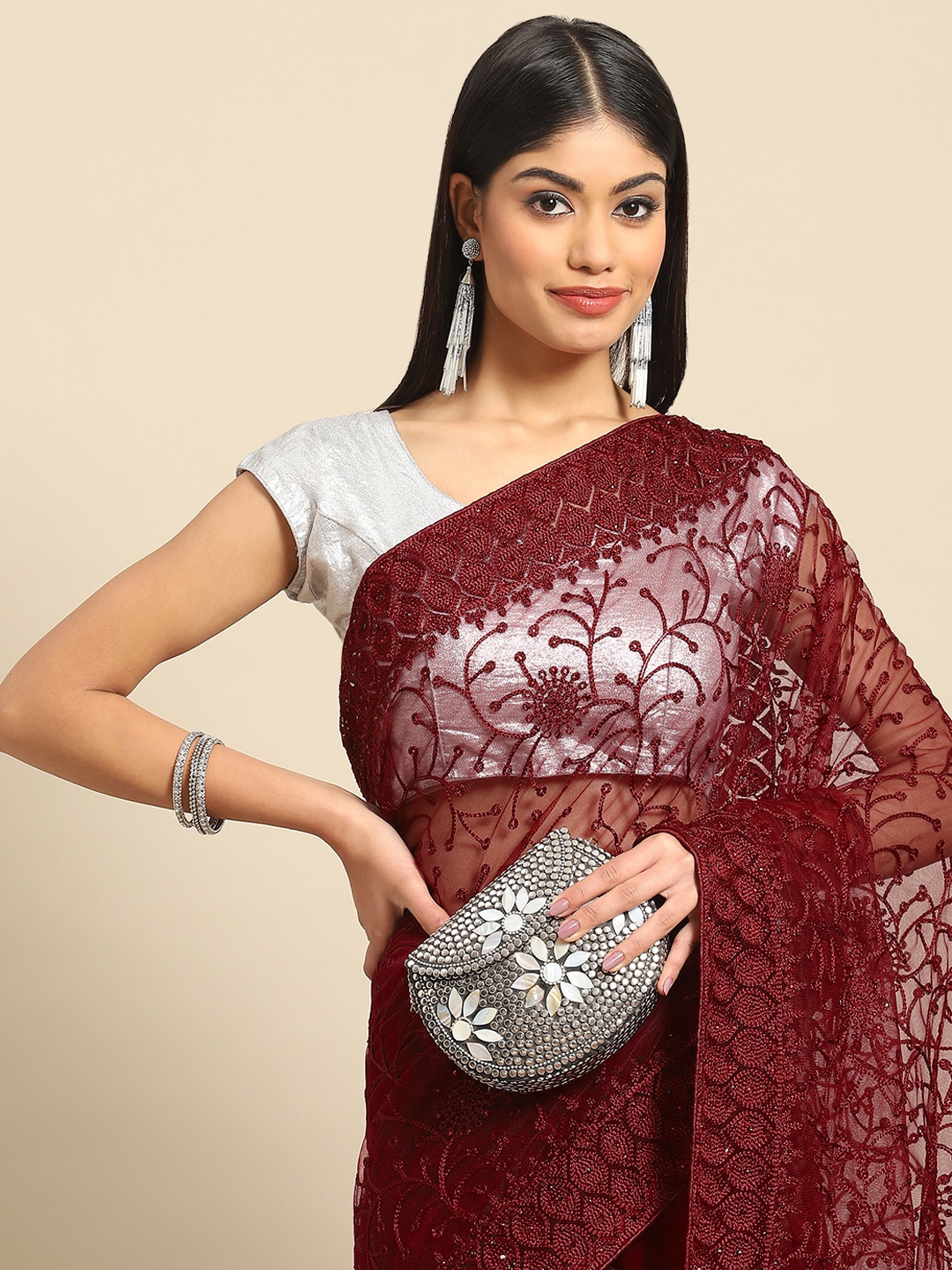 

all about you Maroon Floral Embroidered Net Saree