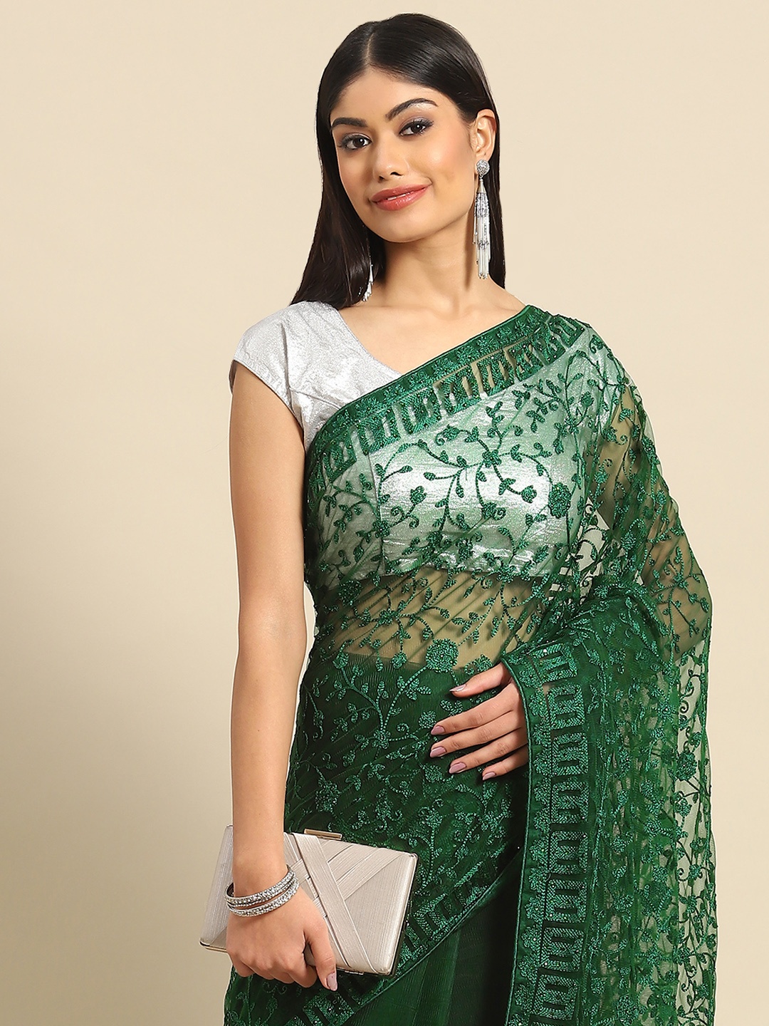 

all about you Green Floral Embroidered Net Saree