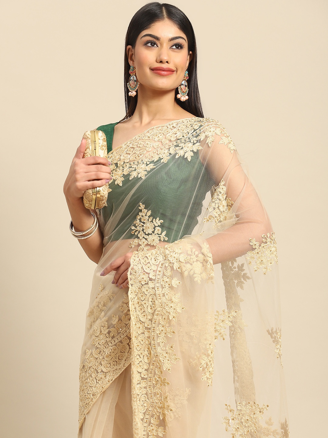 

all about you Beige Ethnic Motifs Embroidered Net Saree