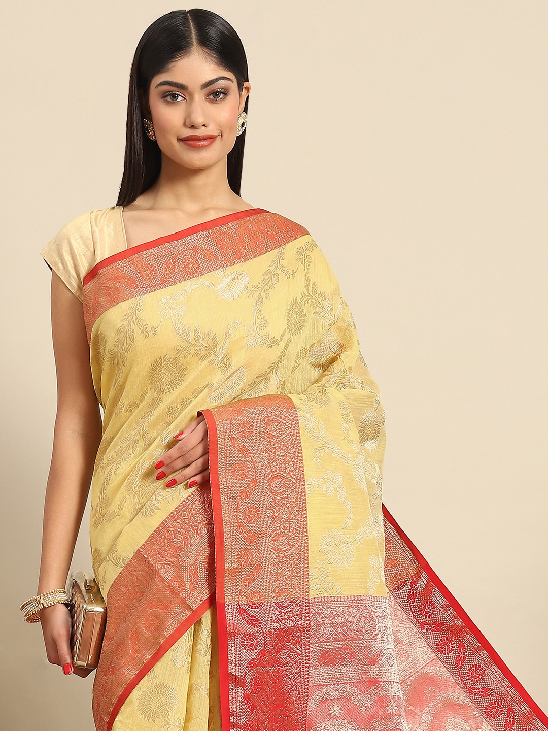

all about you Ethnic Motifs Woven Silk Blend Saree, Yellow