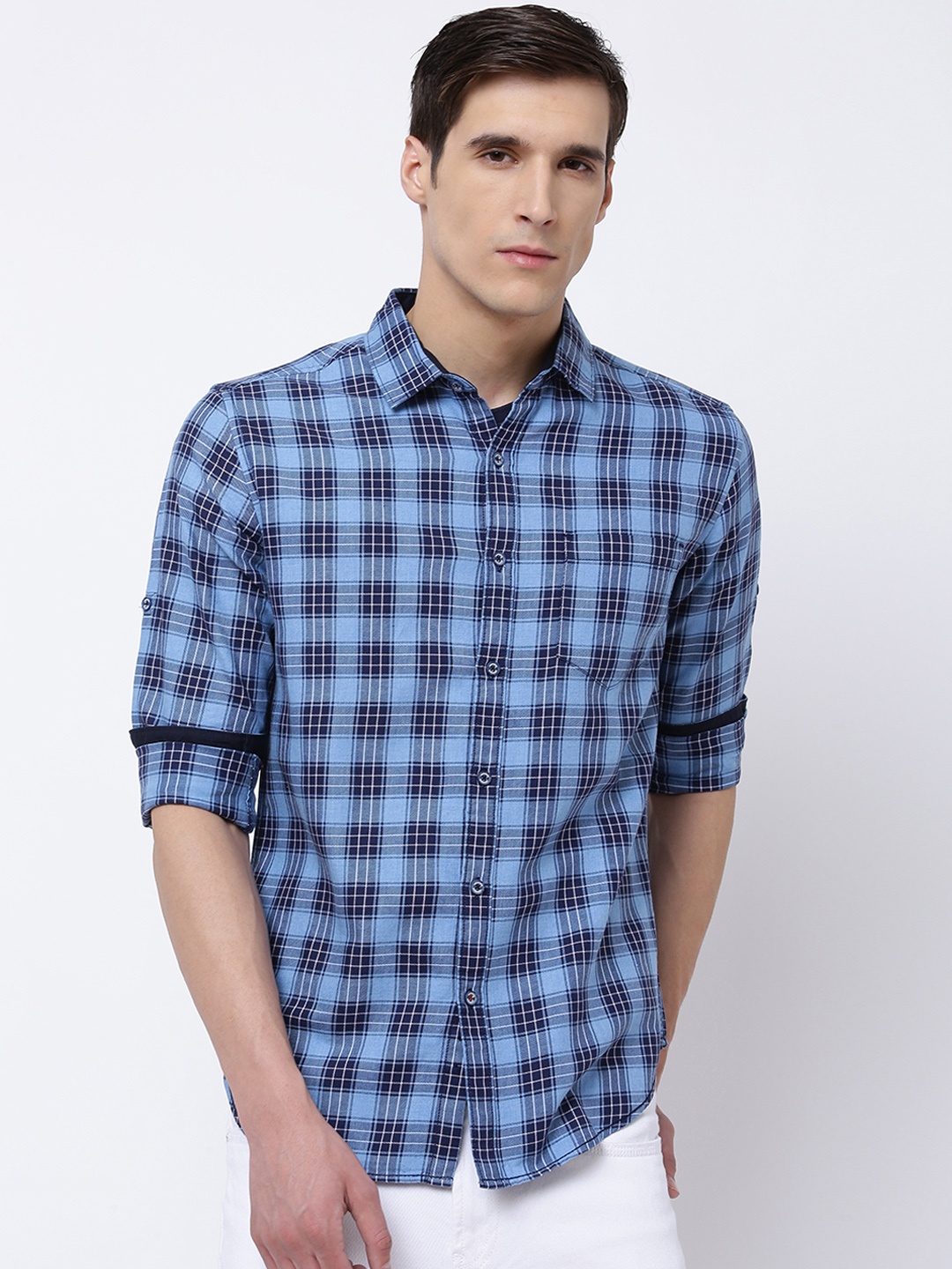 

LOCOMOTIVE Men Blue Slim Fit Checked Casual Shirt