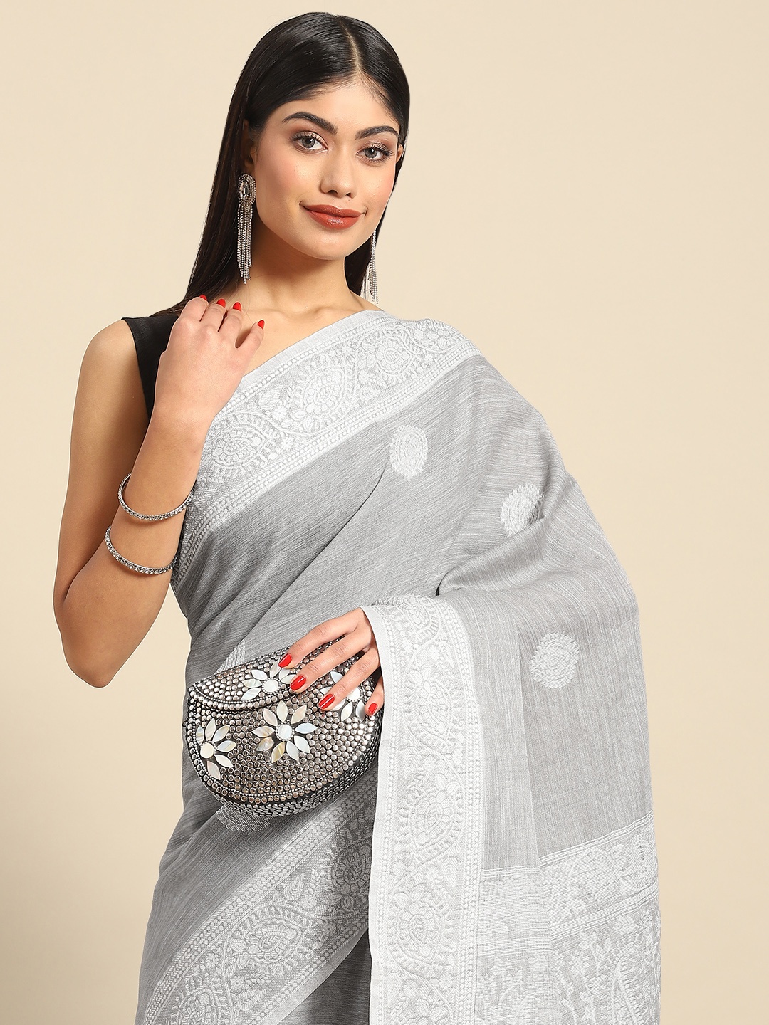 

all about you Woven Design Pure Cotton Saree, Grey