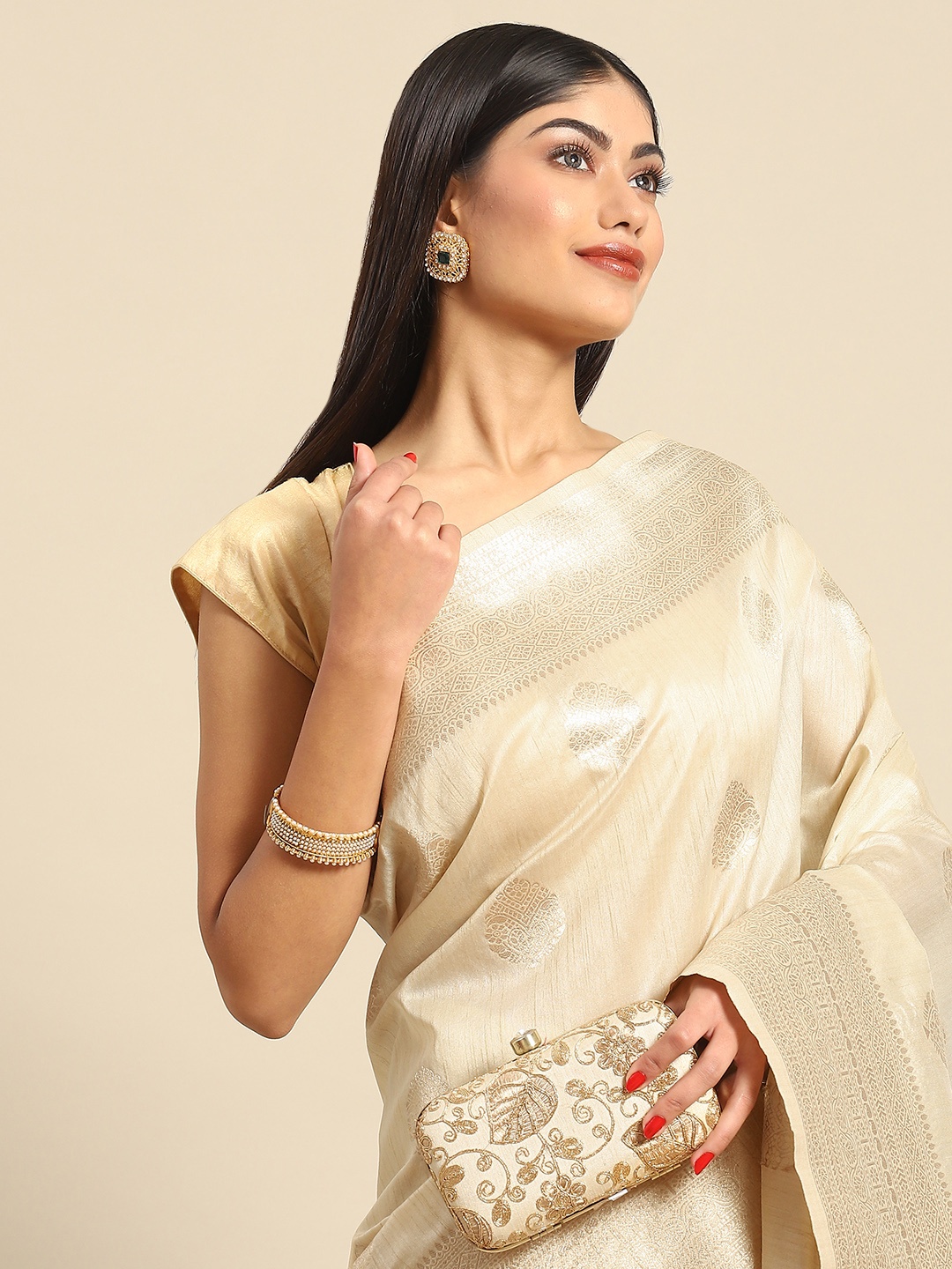

all about you Woman Woven Design Silk Blend Saree, Cream