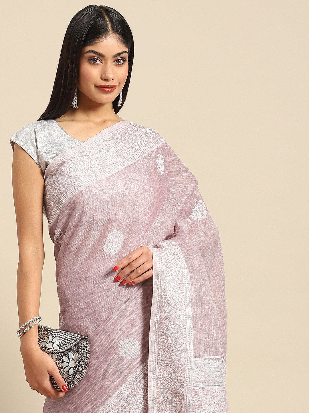 

all about you Woman Cotton Linen Woven Design Printed Saree., Pink