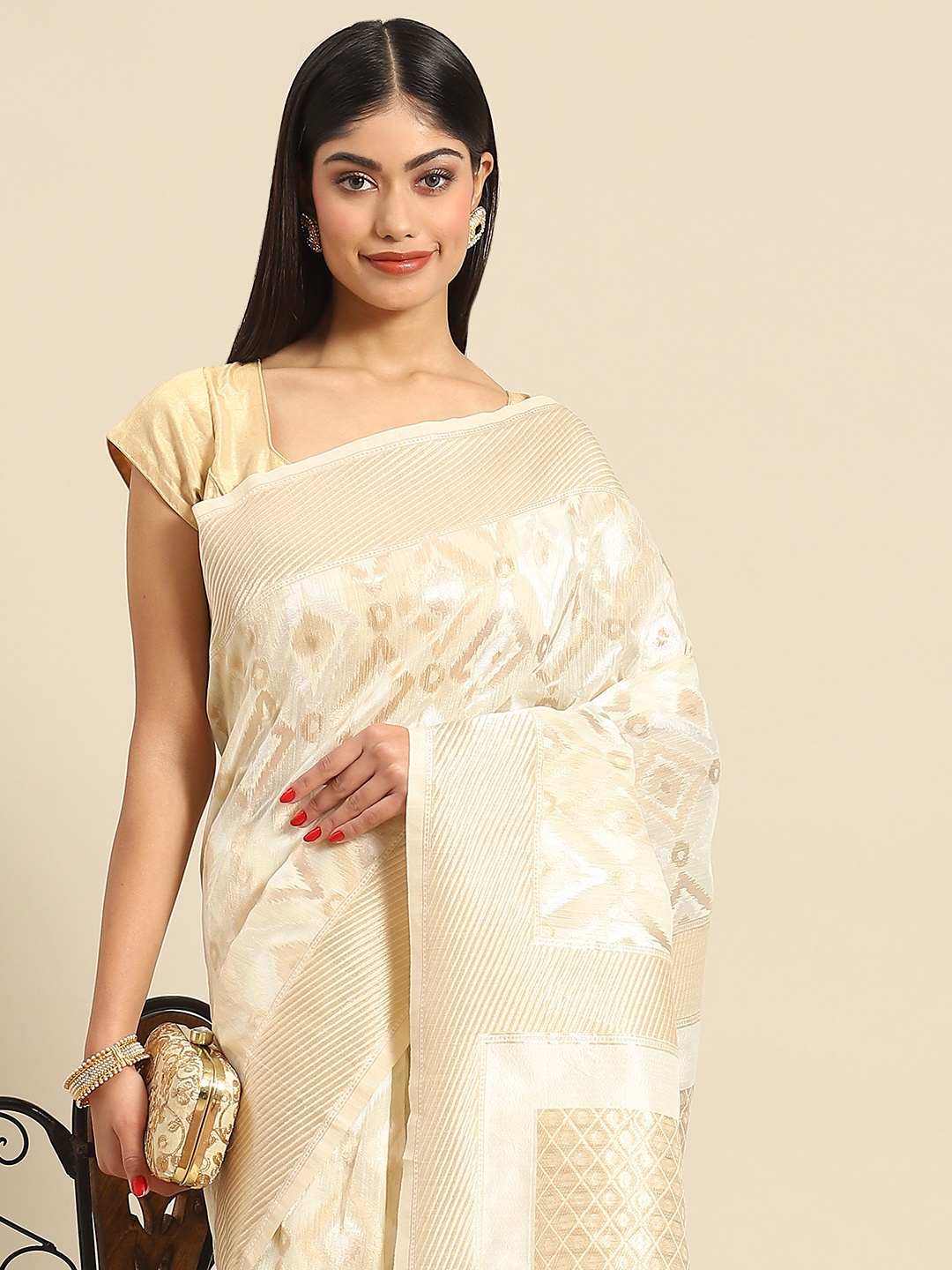 

all about you Woman Woven Design Zari Silk Blend Saree, Cream