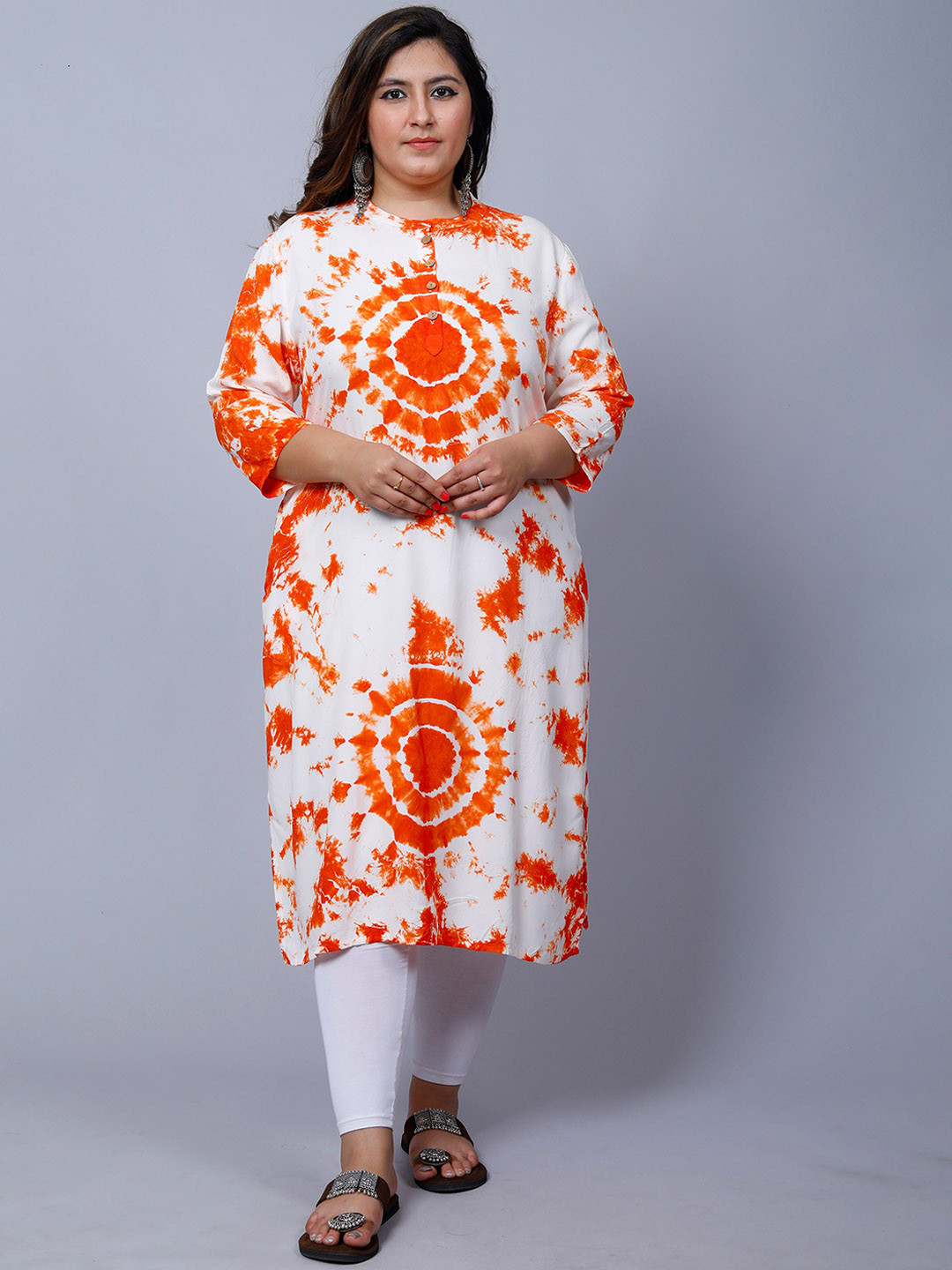 

PNEHA Plus Size Tie Dye Straight Mandarin Collar Straight Kurta, Orange
