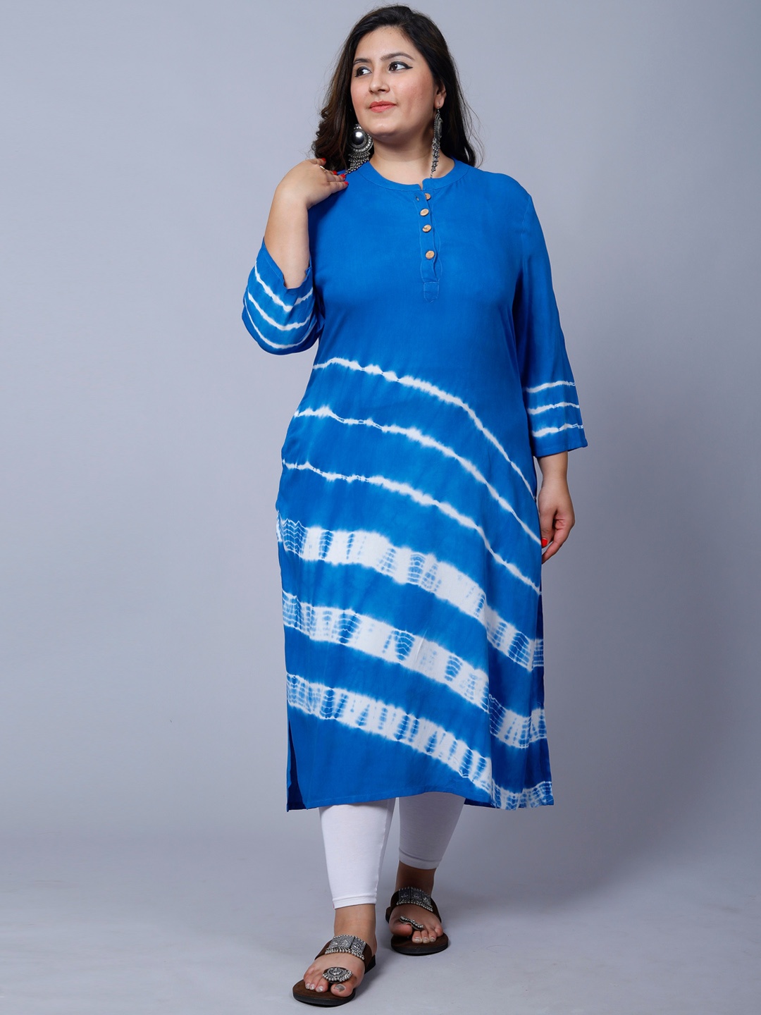 

PNEHA Plus Size Tie Dye Abstract Mandarin Collar Straight Kurta, Blue