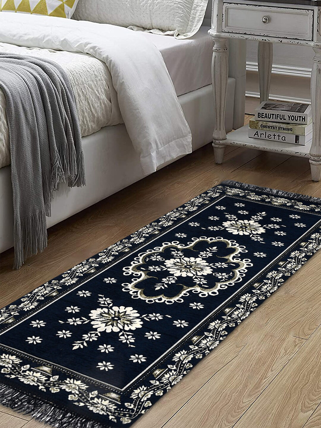 

Kuber Industries Blue & White Printed Rectangular Velvet Bed Side Runner