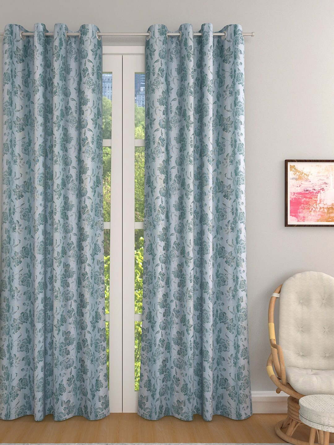 

ROMEE Green & Off White Set of 2 Floral Room Darkening Door Curtain
