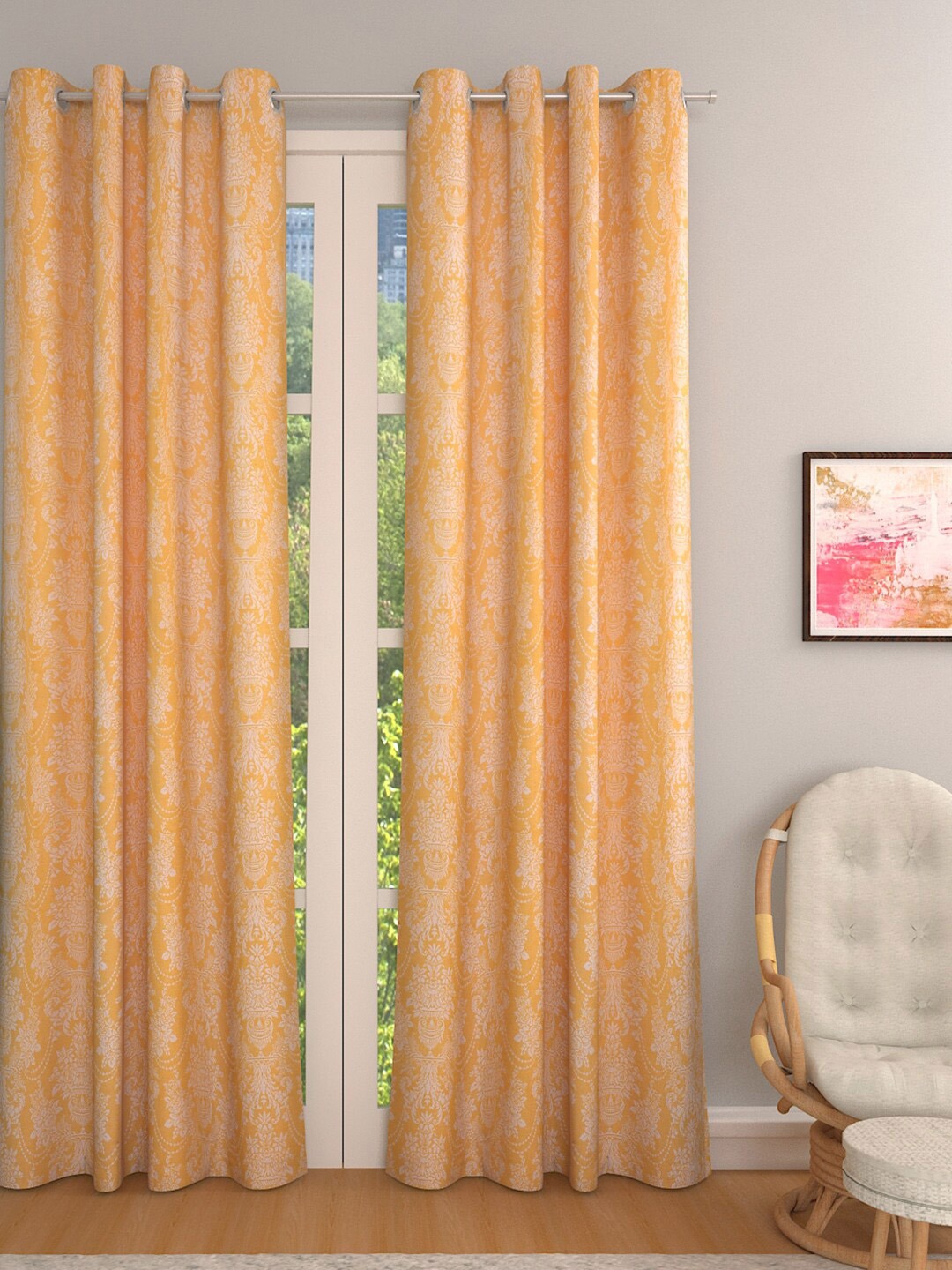 

ROMEE Yellow & White Set of 2 Ethnic Motifs Room Darkening Door Curtain