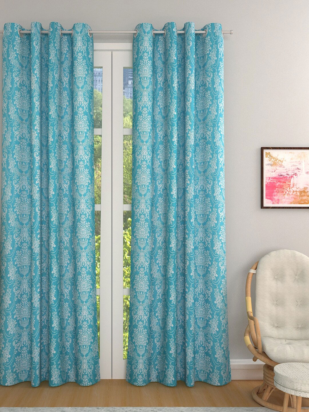 

ROMEE Turquoise Blue & White Set of 2 Ethnic Motifs Room Darkening Door Curtain