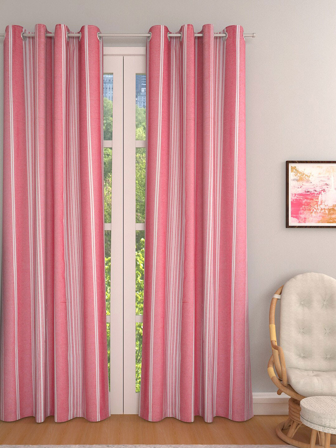 

ROMEE Pink & White Set of 2 Striped Room Darkening Door Curtain