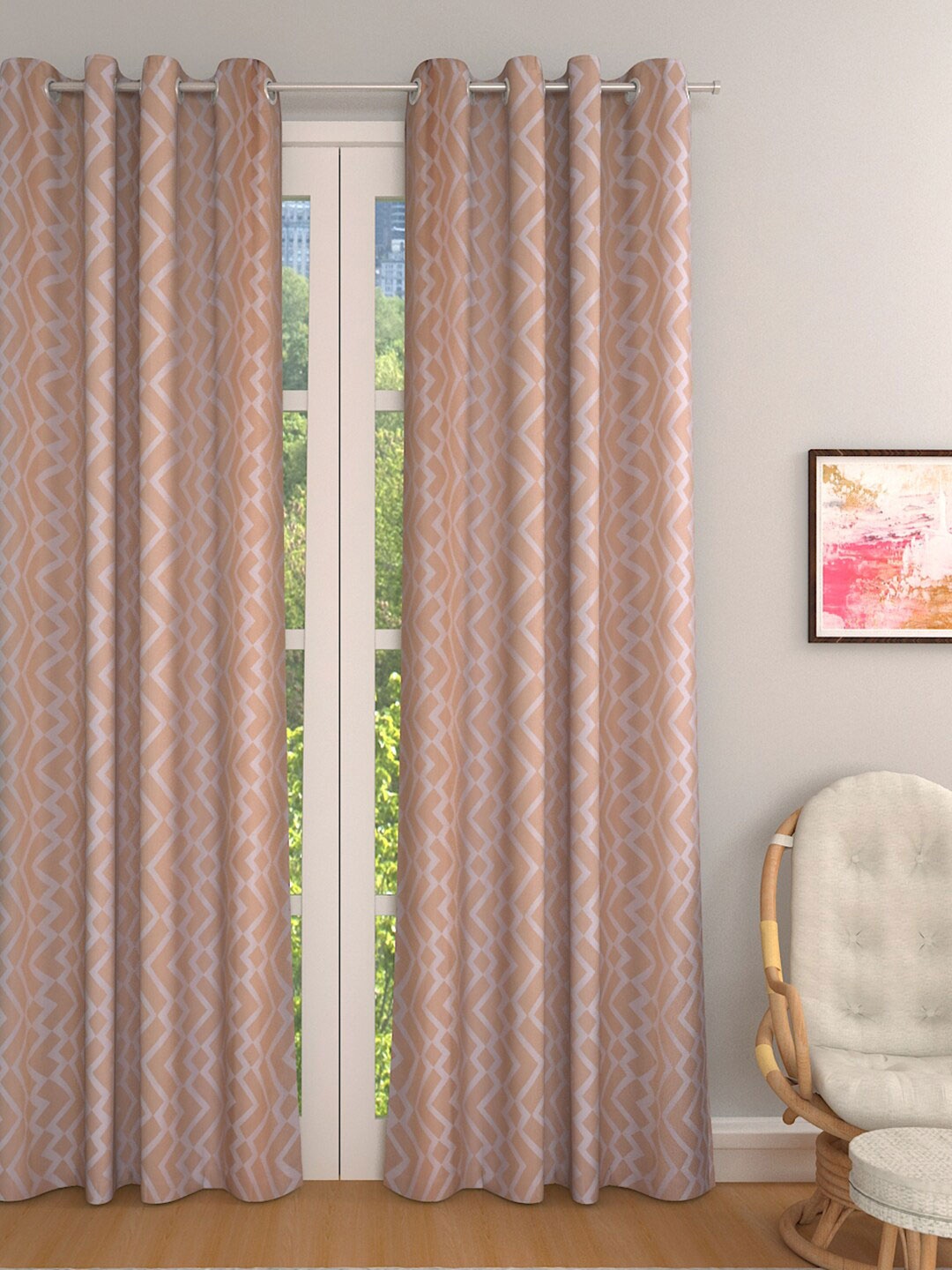 

ROMEE Beige & White Set of 2 Geometric Room Darkening Door Curtain