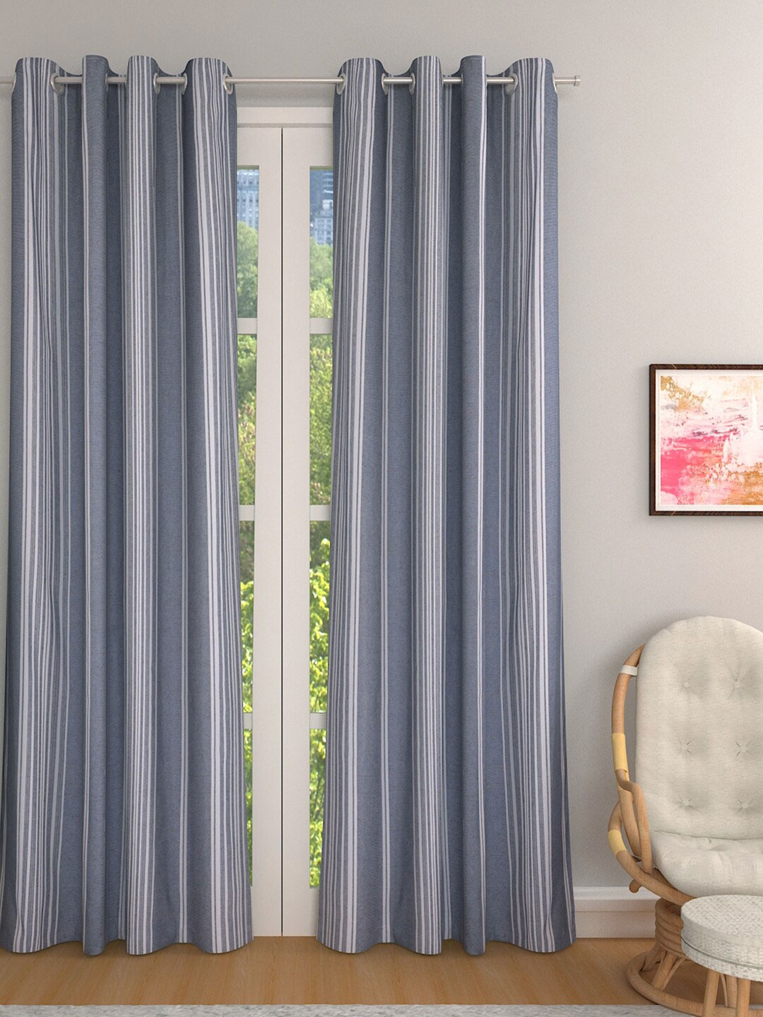 

ROMEE Grey & White Set of 2 Striped Room Darkening Door Curtain