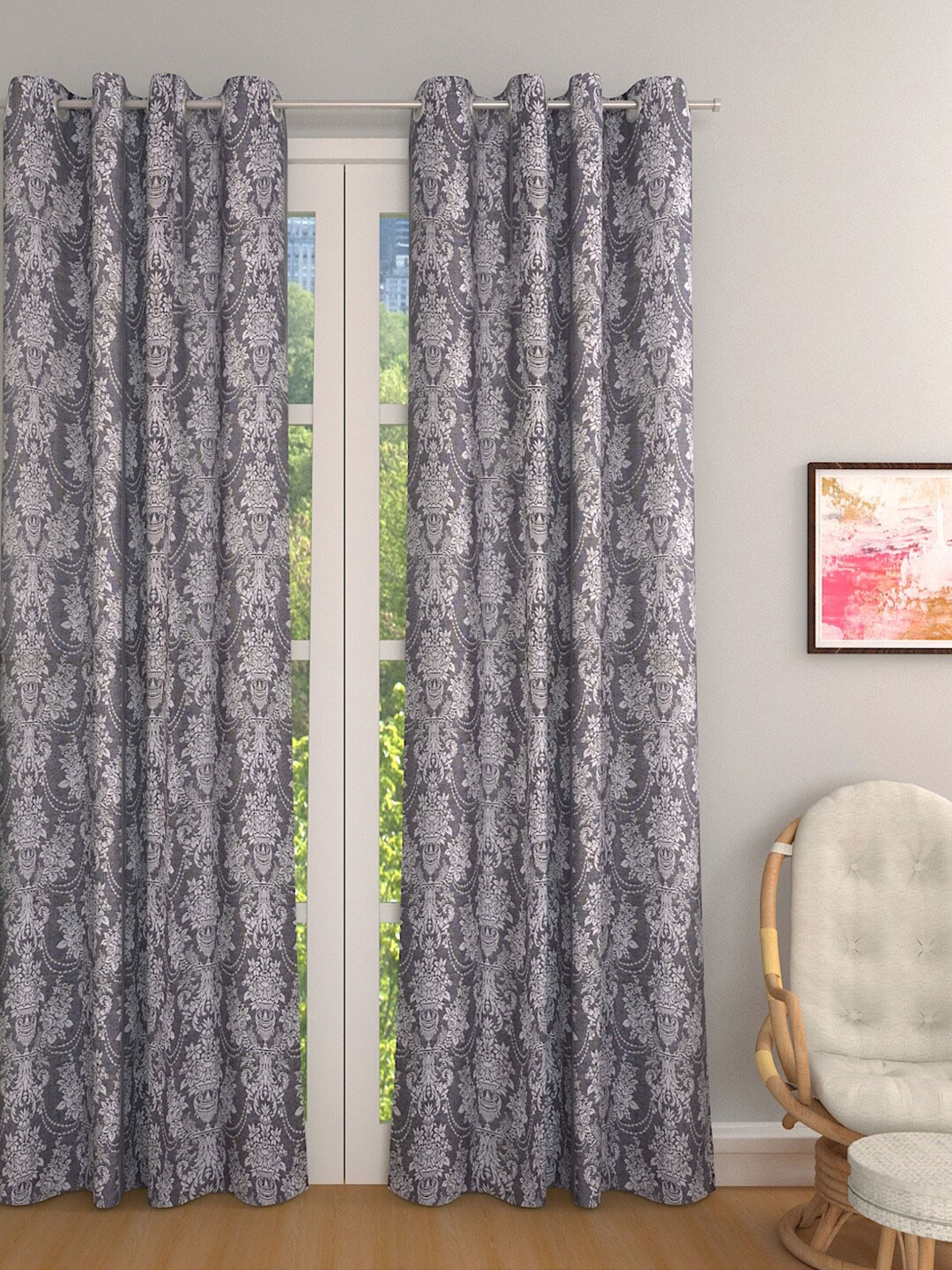

ROMEE Grey & White Set of 2 Ethnic Motifs Room Darkening Door Curtain