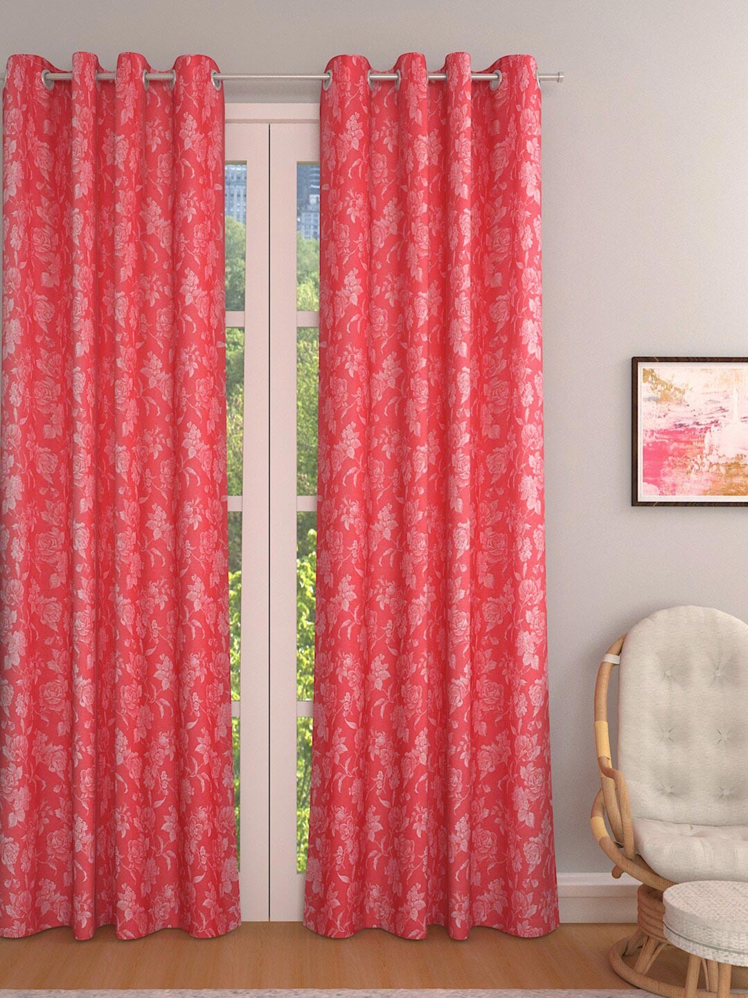 

ROMEE Pink & White Set of 2 Floral Room Darkening Door Curtain