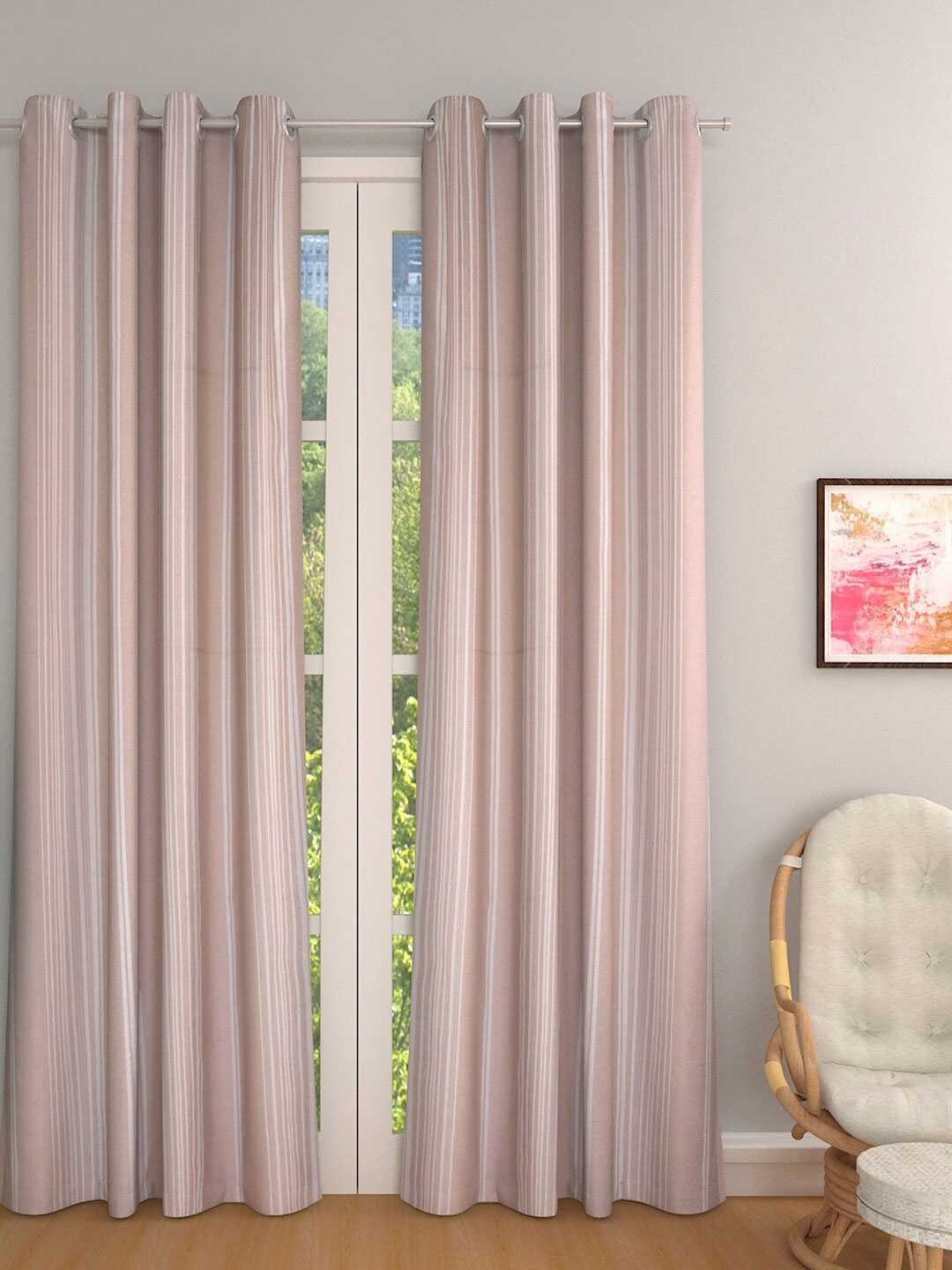 

ROMEE Beige & White Set of 2 Striped Room Darkening Door Curtain