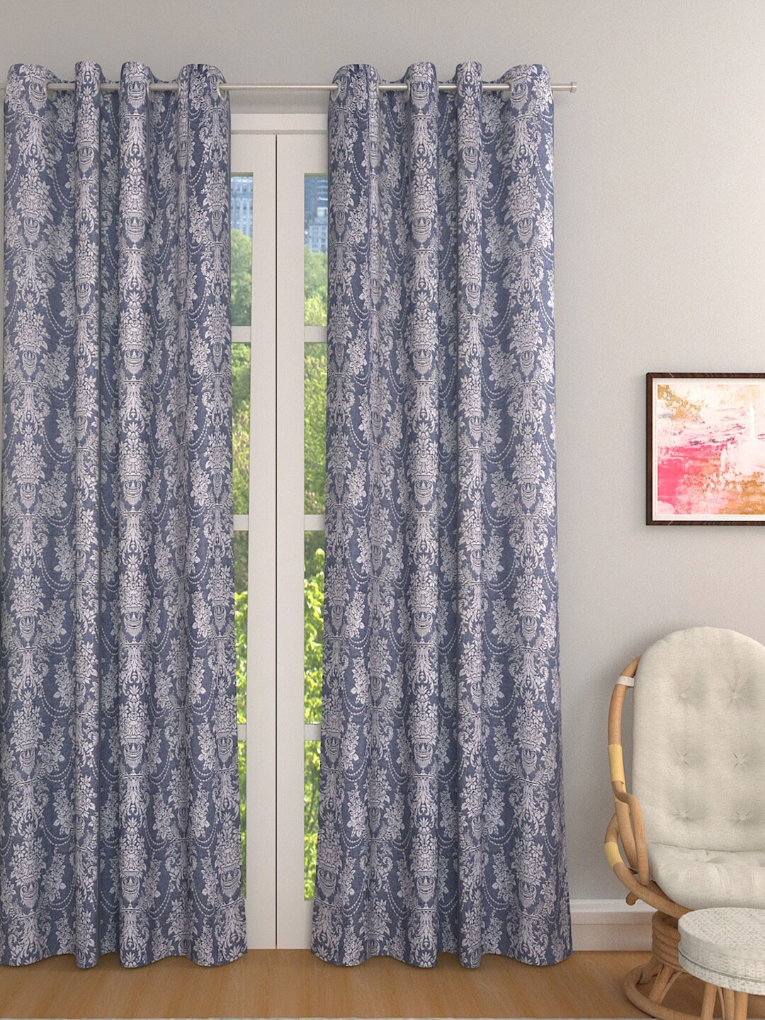 

ROMEE Blue & White Set of 2 Ethnic Motifs Room Darkening Door Curtain