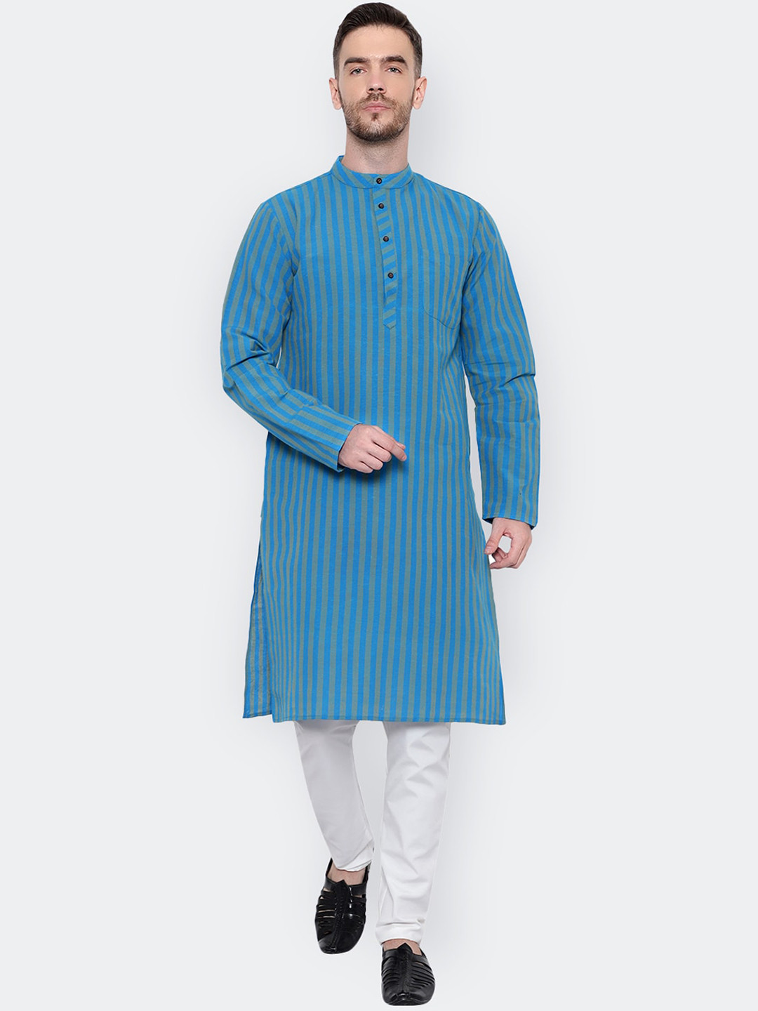 

Latest Chikan Garments Mandarin Collar Striped Cotton Kurta, Turquoise blue