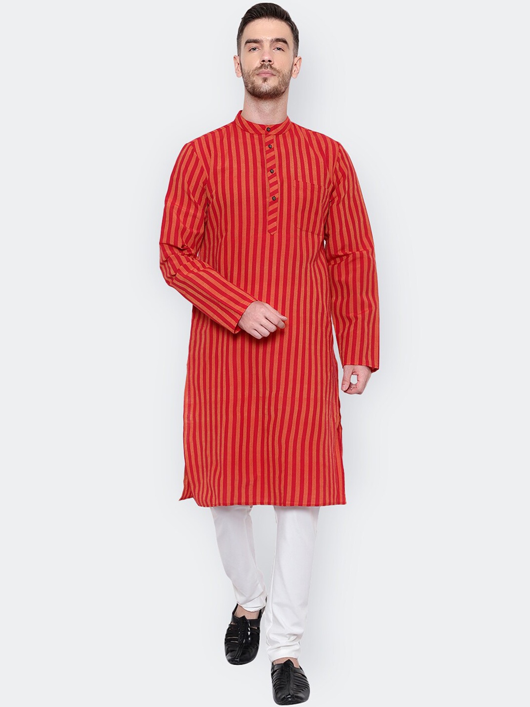 

Latest Chikan Garments Men Striped Thread Work Block Print Handloom Kurta, Red