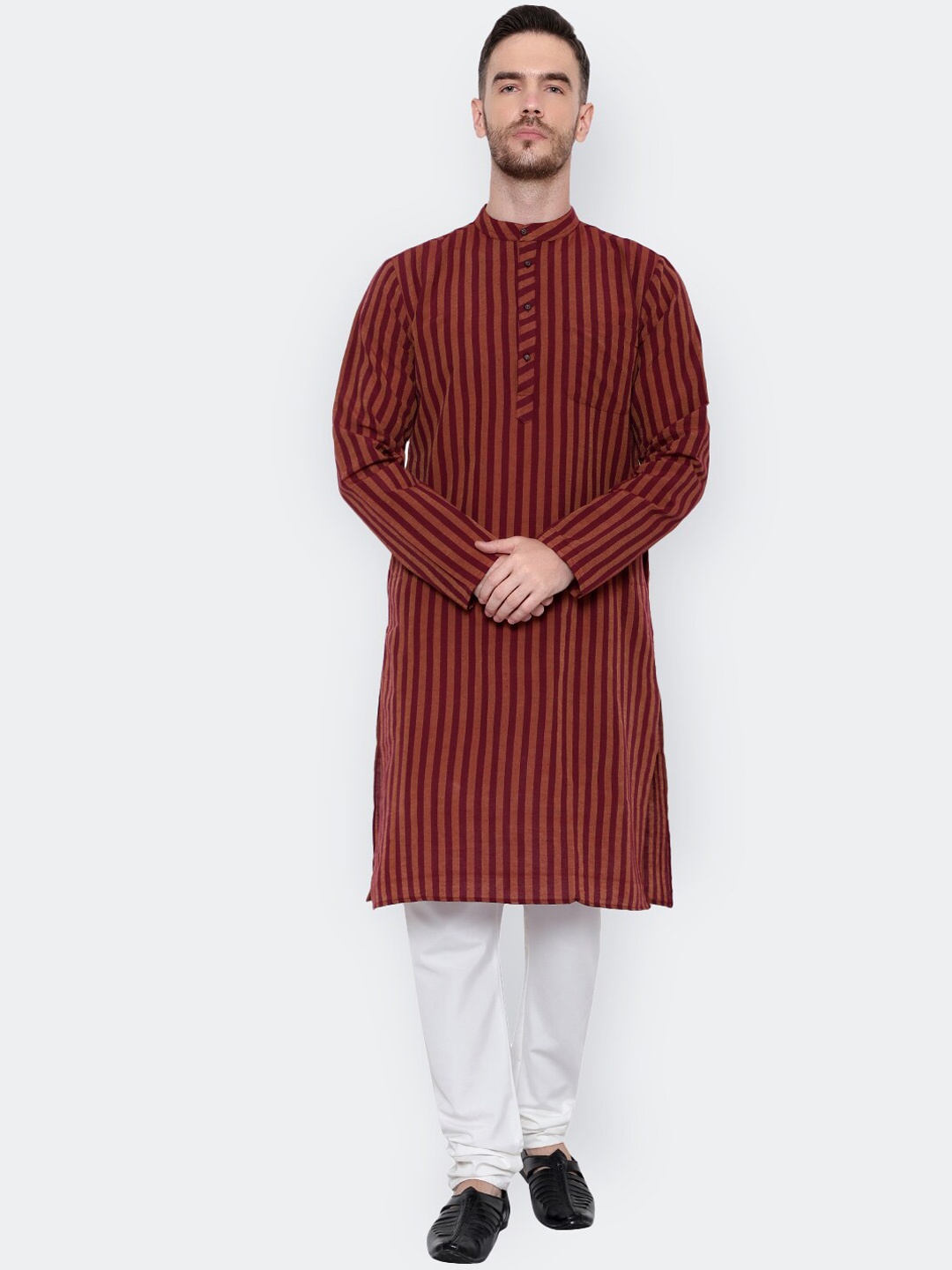 

Latest Chikan Garments Striped Printed Mandarin Collar Kurta, Maroon