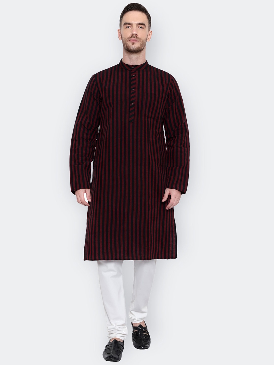 

Latest Chikan Mandarin Collar Garments Striped Cotton Kurta, Black