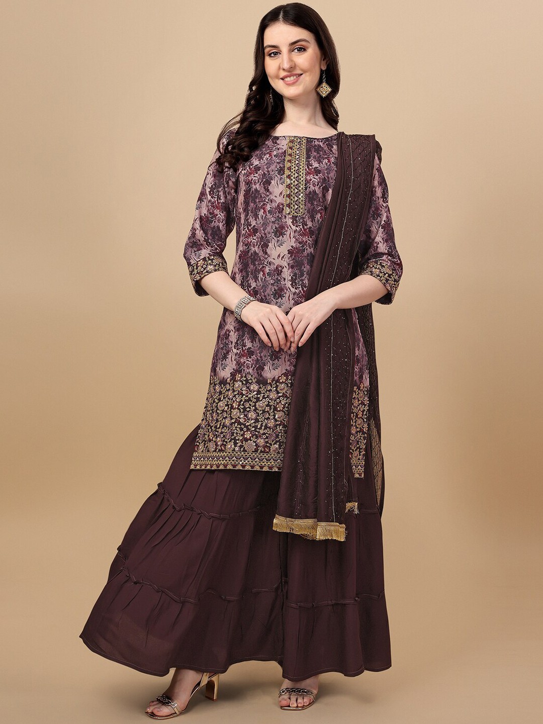 

JATRIQQ Women Floral Printed Sequinned Kurta with Sharara & Dupatta, Purple