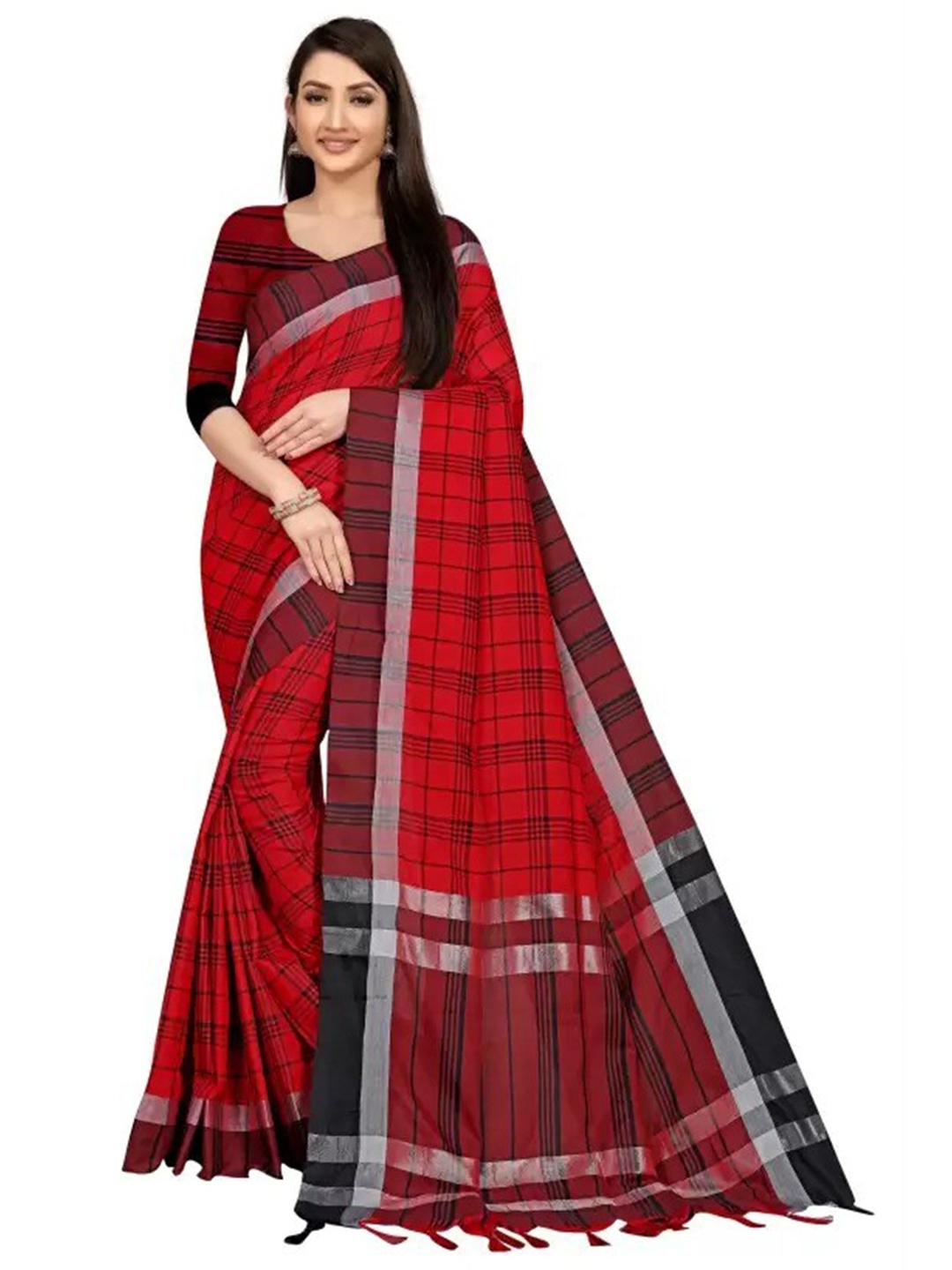 

SAADHVI Checked Zari Silk Cotton Saree, Red