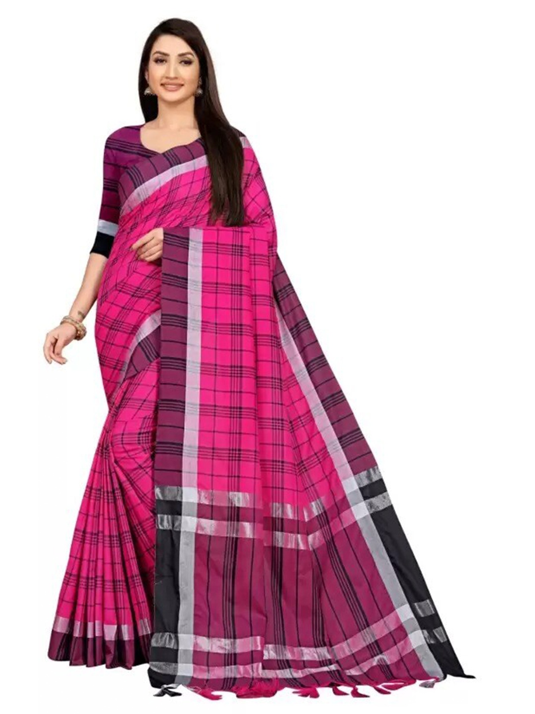 

SAADHVI Checked Silk Cotton Saree, Pink