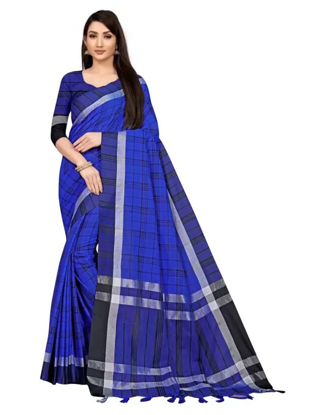 

SAADHVI Checked Silk Cotton Saree, Blue