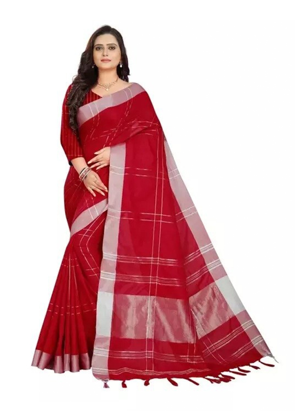 

SAADHVI Checked Zari Silk Cotton Saree, Red