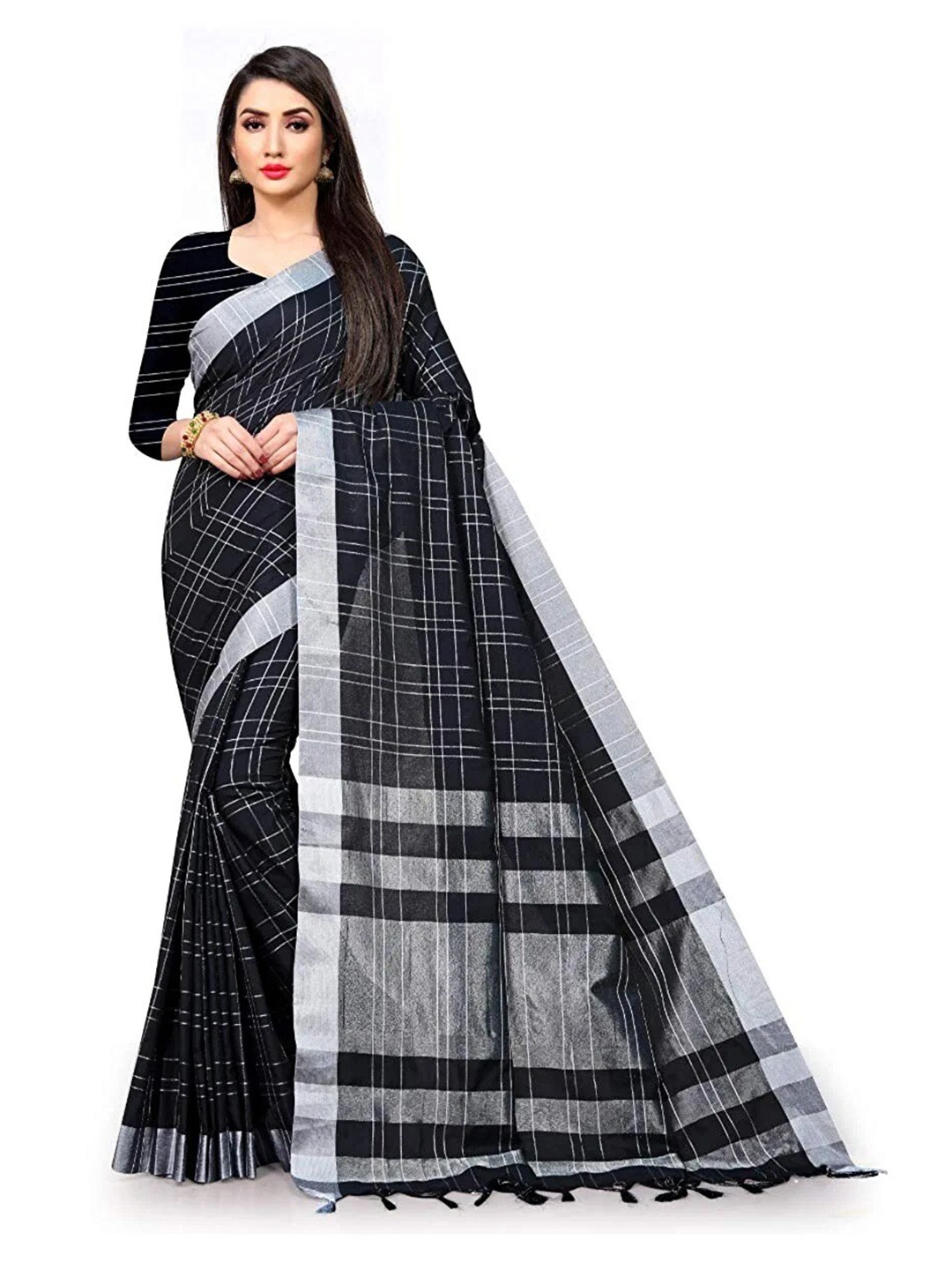 

SAADHVI Checked Zari Silk Cotton Saree, Black