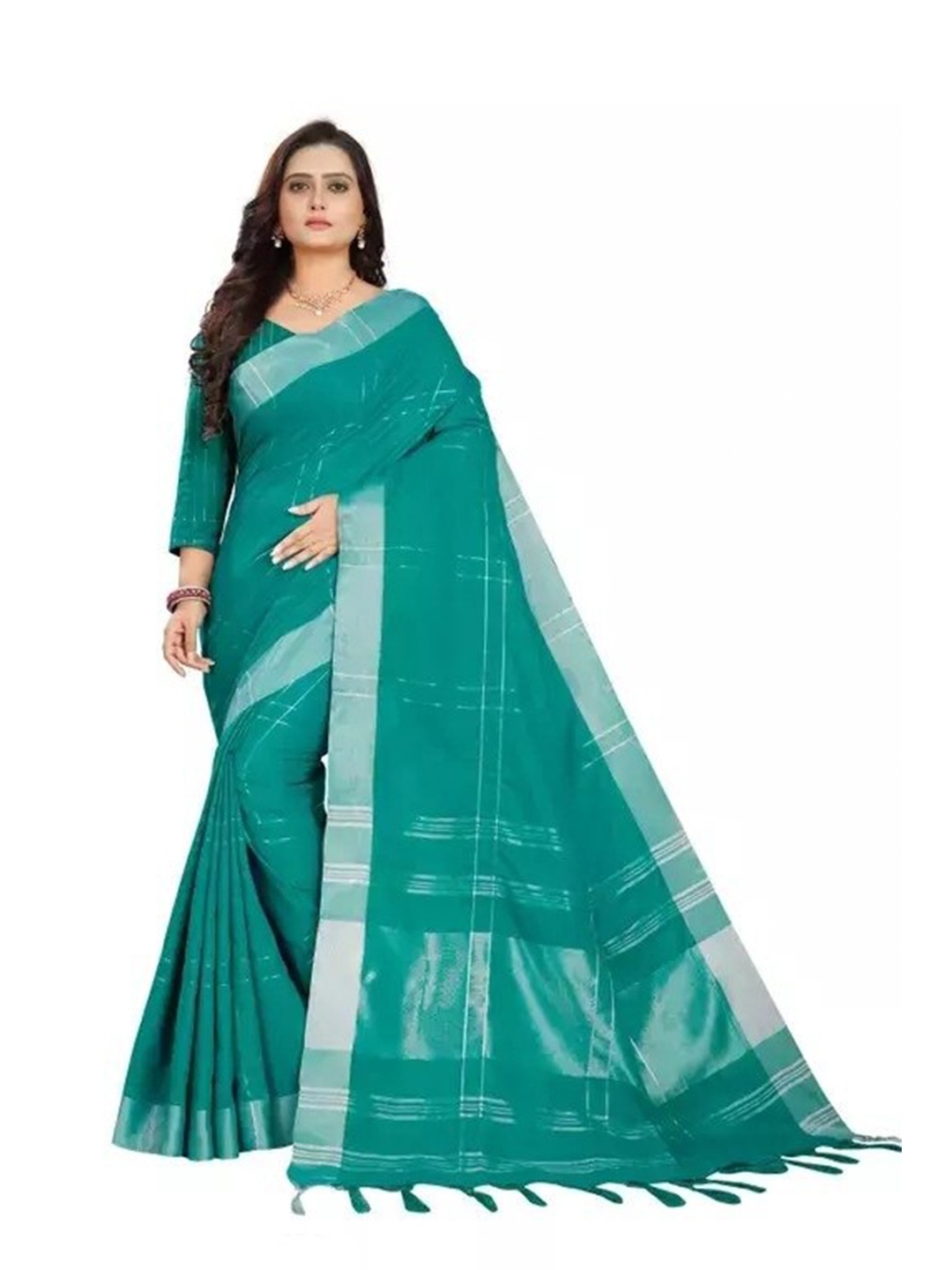 

SAADHVI Checked Zari Silk Cotton Saree, Teal