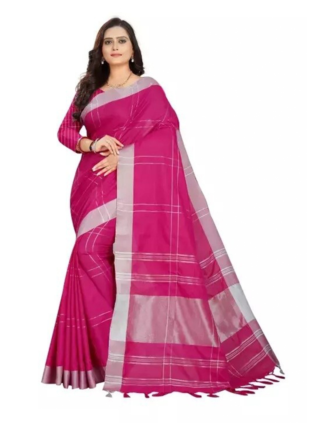

SAADHVI Checked Zari Silk Cotton Saree, Pink
