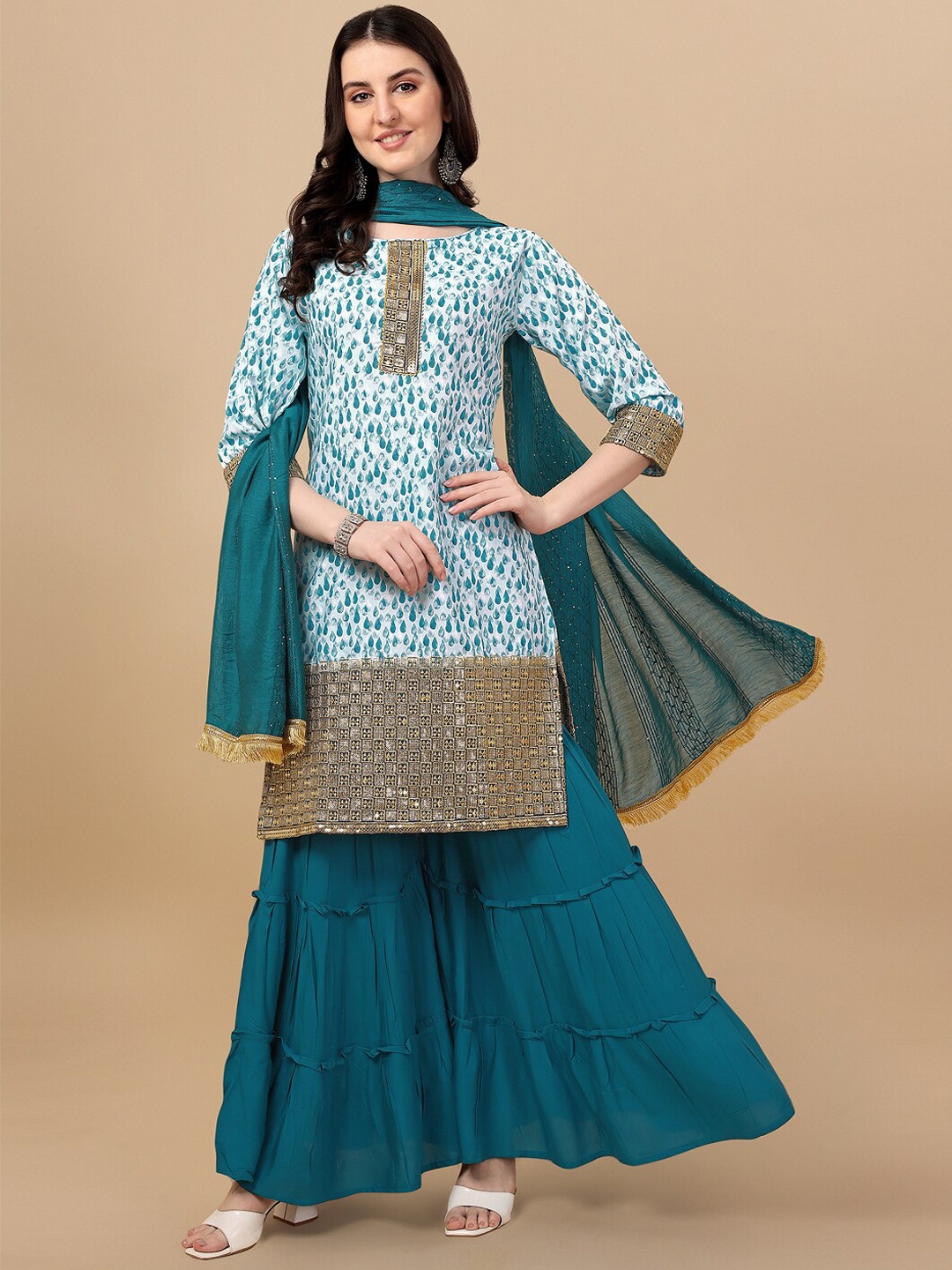 

JATRIQQ Embroidered Sequinned Kurta with Sharara & With Dupatta, Teal