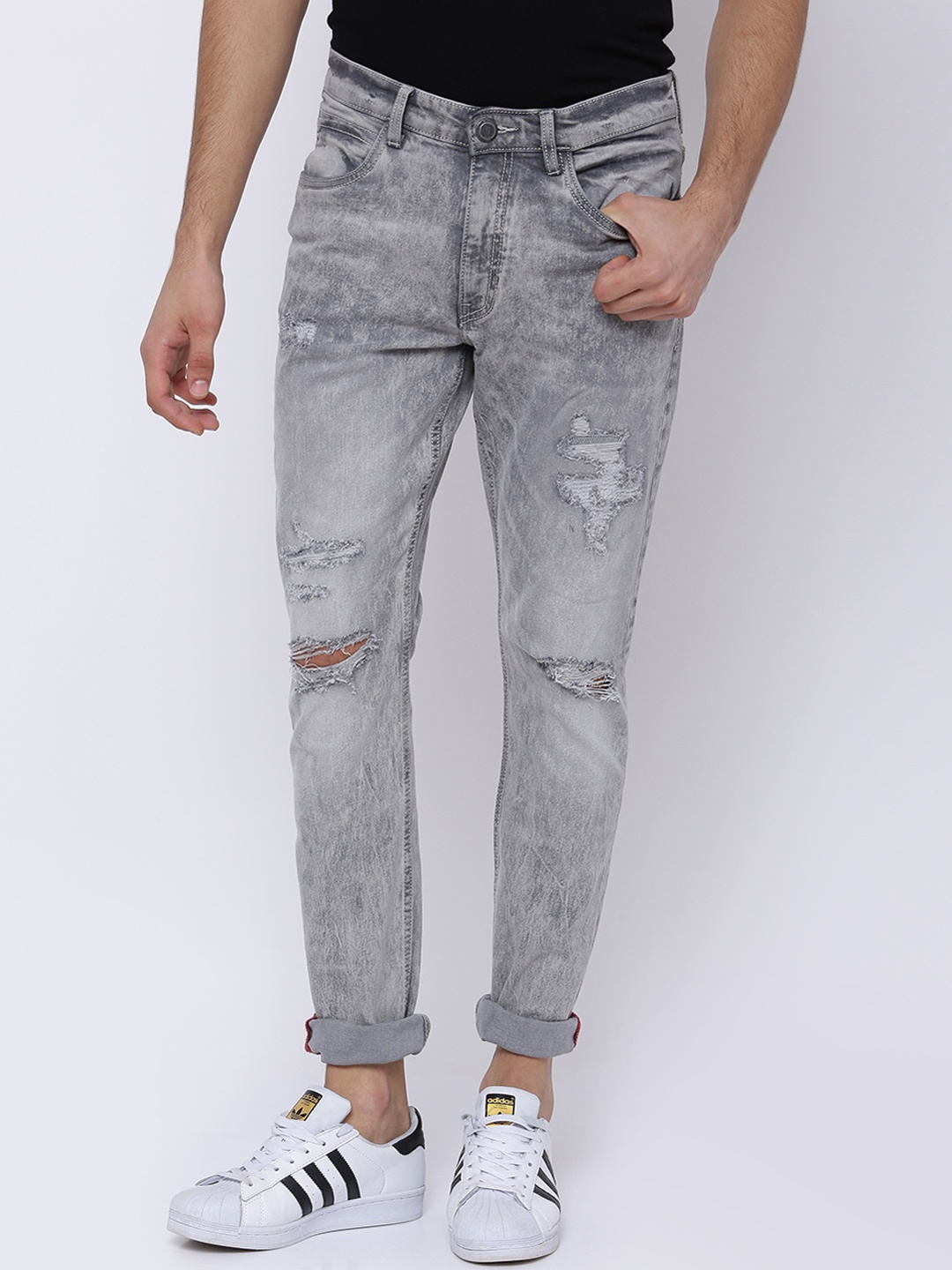 

LOCOMOTIVE Men Grey Skinny Fit Mid-Rise Slash Knee Stretchable Jeans