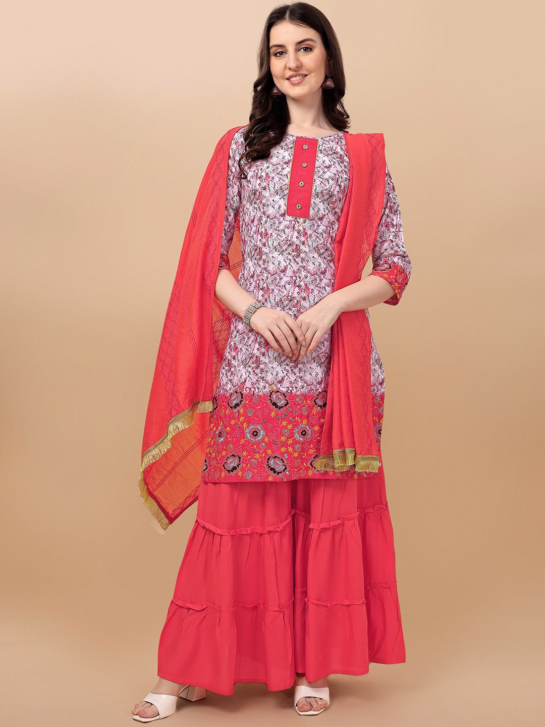 

JATRIQQ Women Abstract Printed Thread Work Kurta with Sharara & Dupatta, Coral