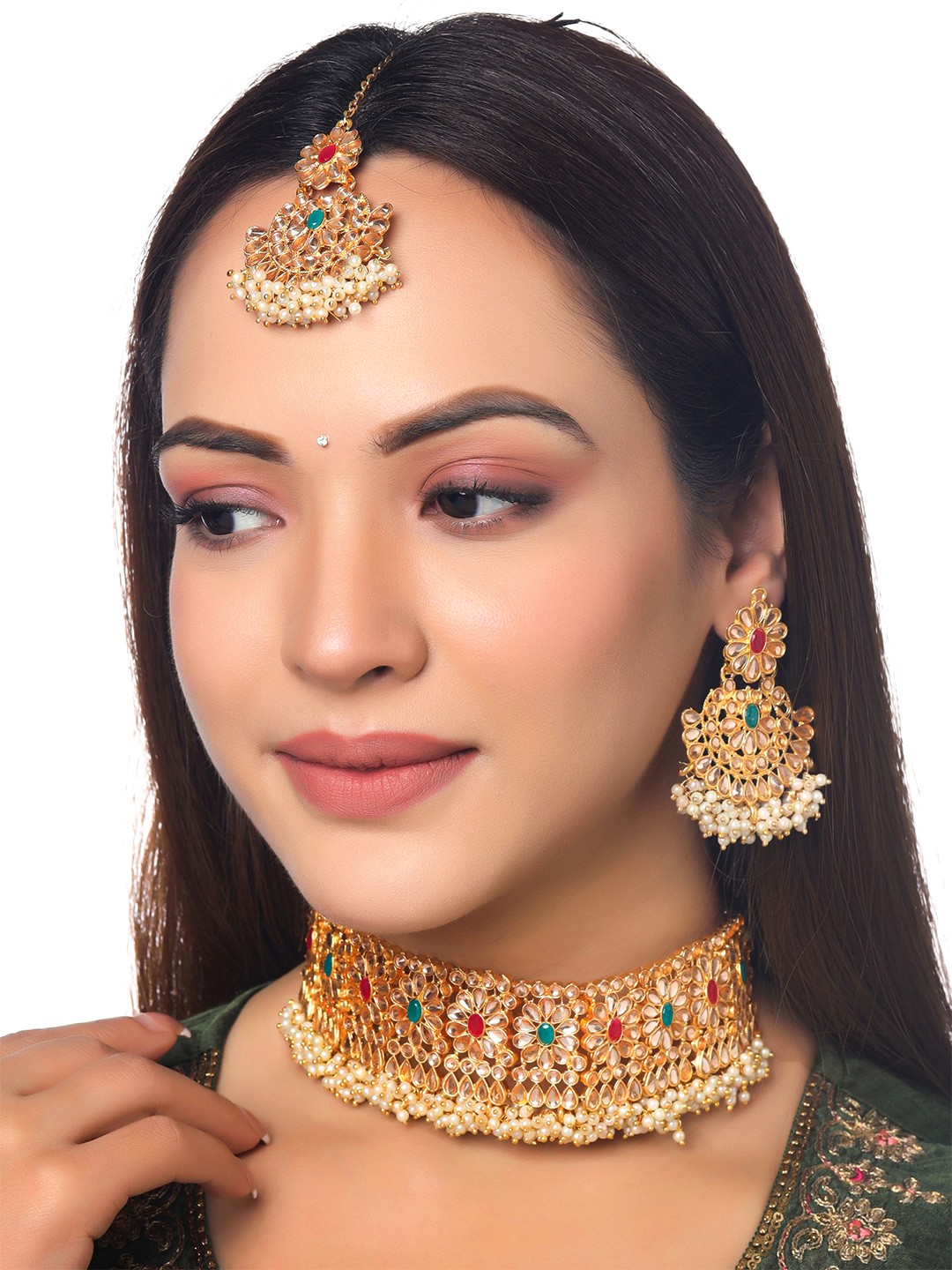 

Yellow Chimes Women Gold-Plated Kundan-Studded & Pearl Beaded Jewellery Set, White