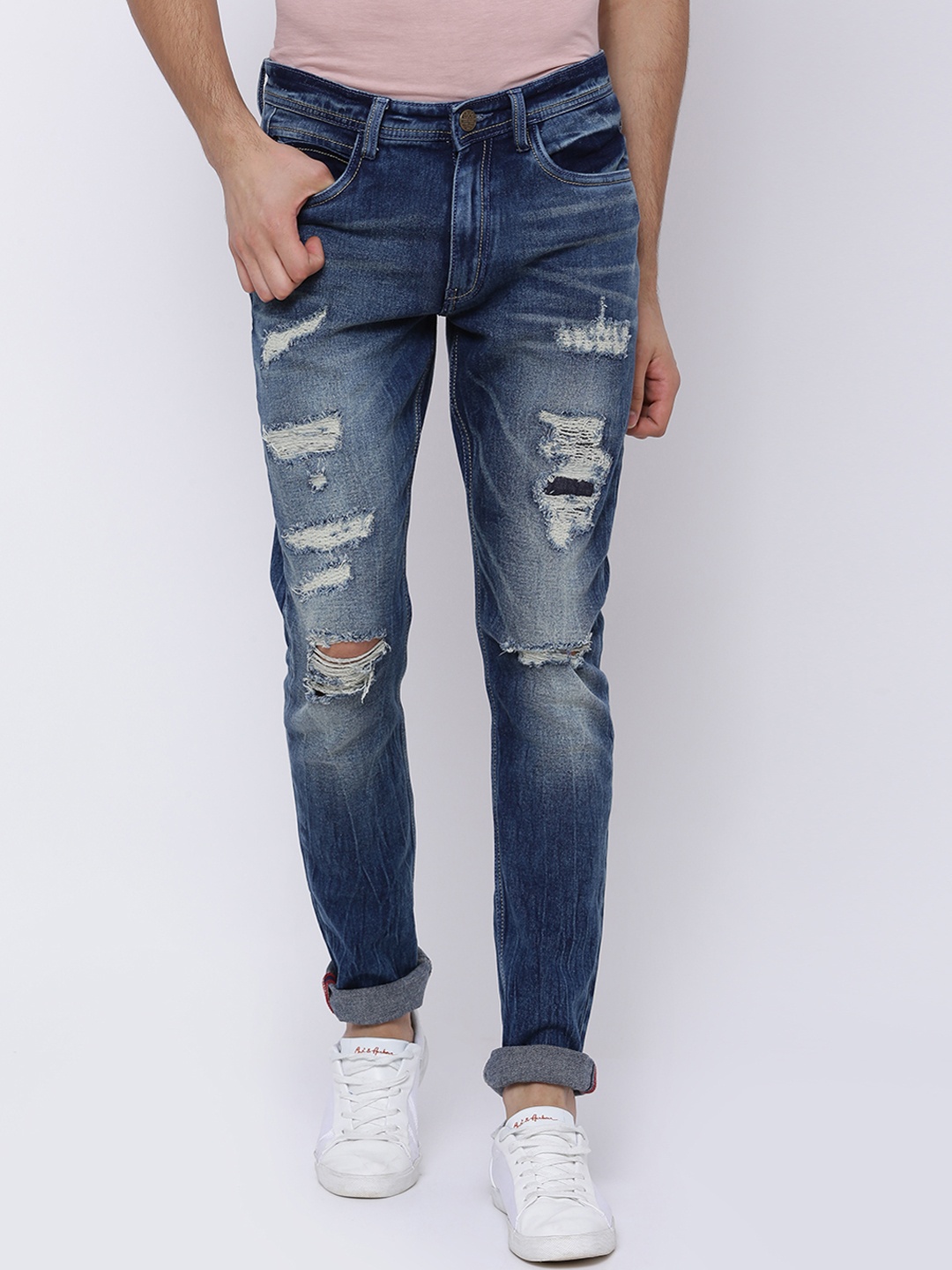 

LOCOMOTIVE Men Blue Skinny Fit Mid-Rise Slash Knee Stretchable Jeans
