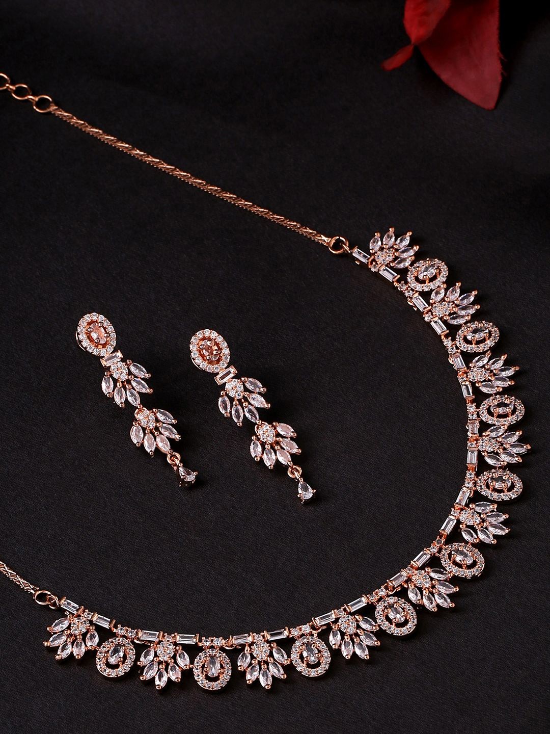 

Yellow Chimes Women Rose Gold-Plated American Diamond Studded Jewellery Set, White